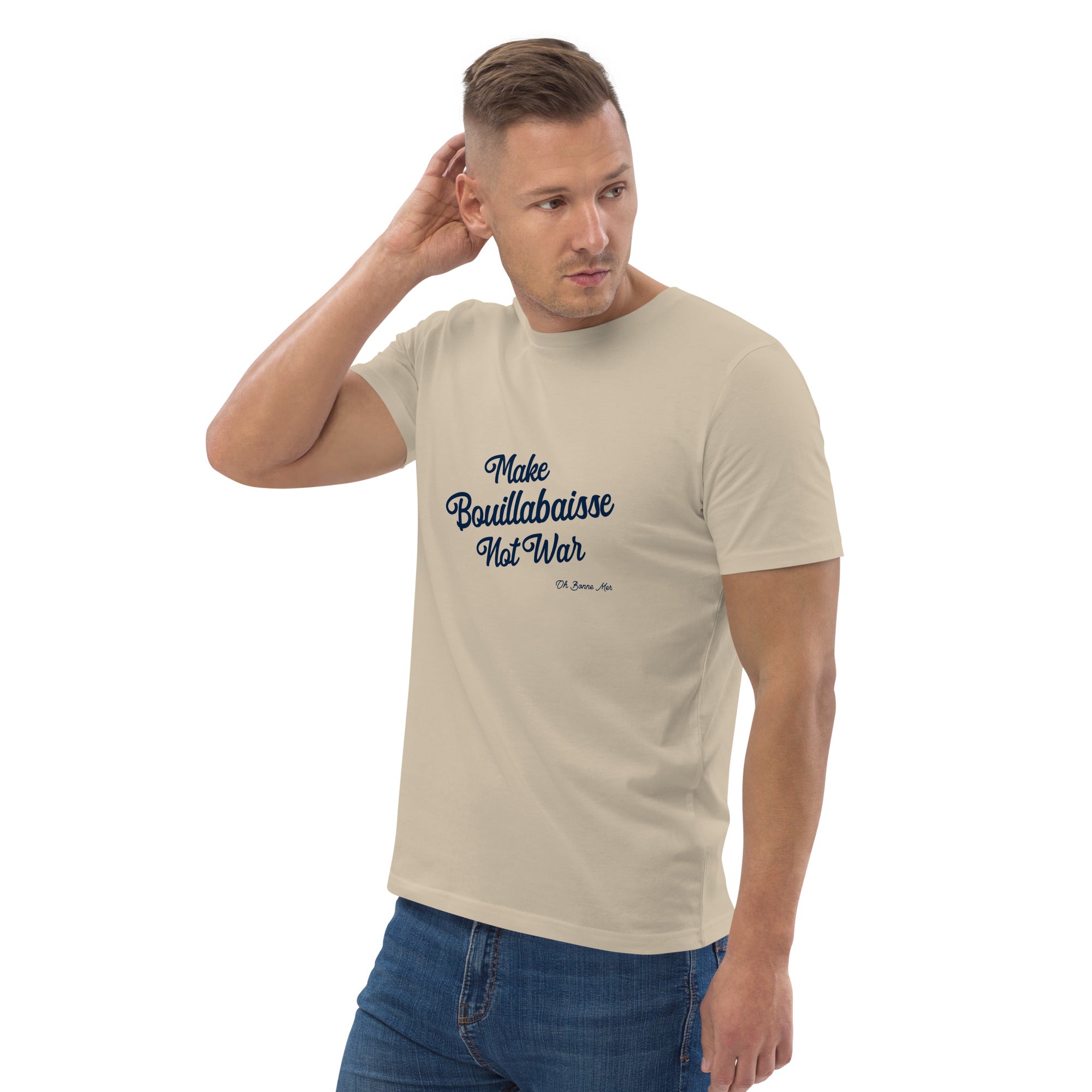 T-shirt unisexe en coton biologique Make Bouillabaisse Not War Navy sur couleurs claires