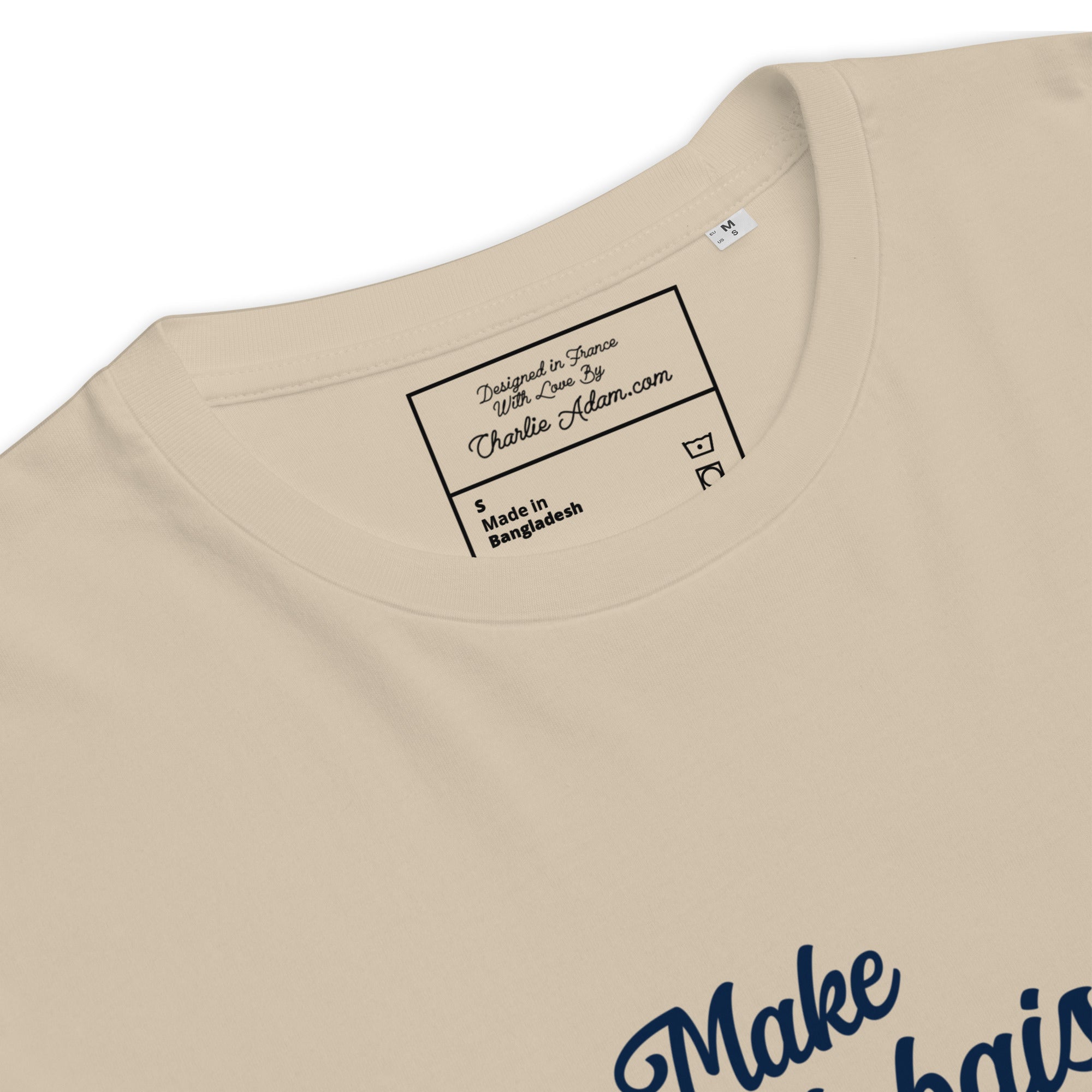 T-shirt unisexe en coton biologique Make Bouillabaisse Not War Navy sur couleurs claires