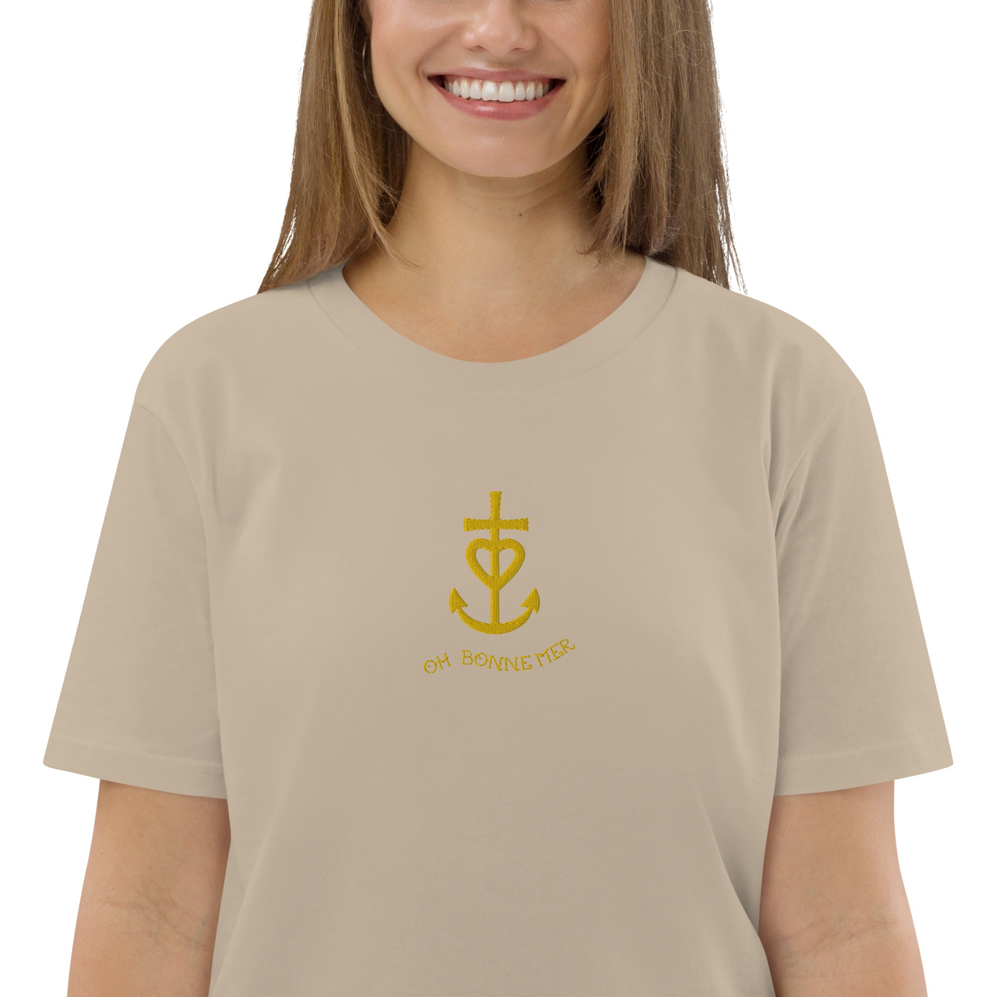 T-shirt unisexe en coton biologique Croix de Camargue dorée Oh Bonne mer brodé sur couleurs claires