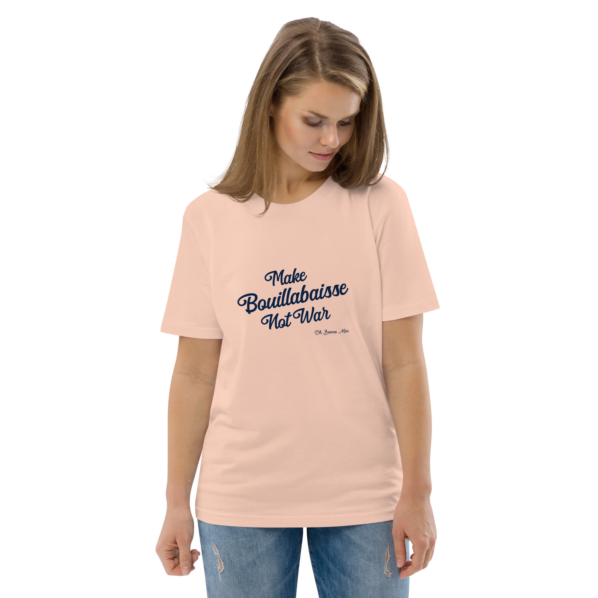 T-shirt unisexe en coton biologique Make Bouillabaisse Not War Navy sur couleurs claires