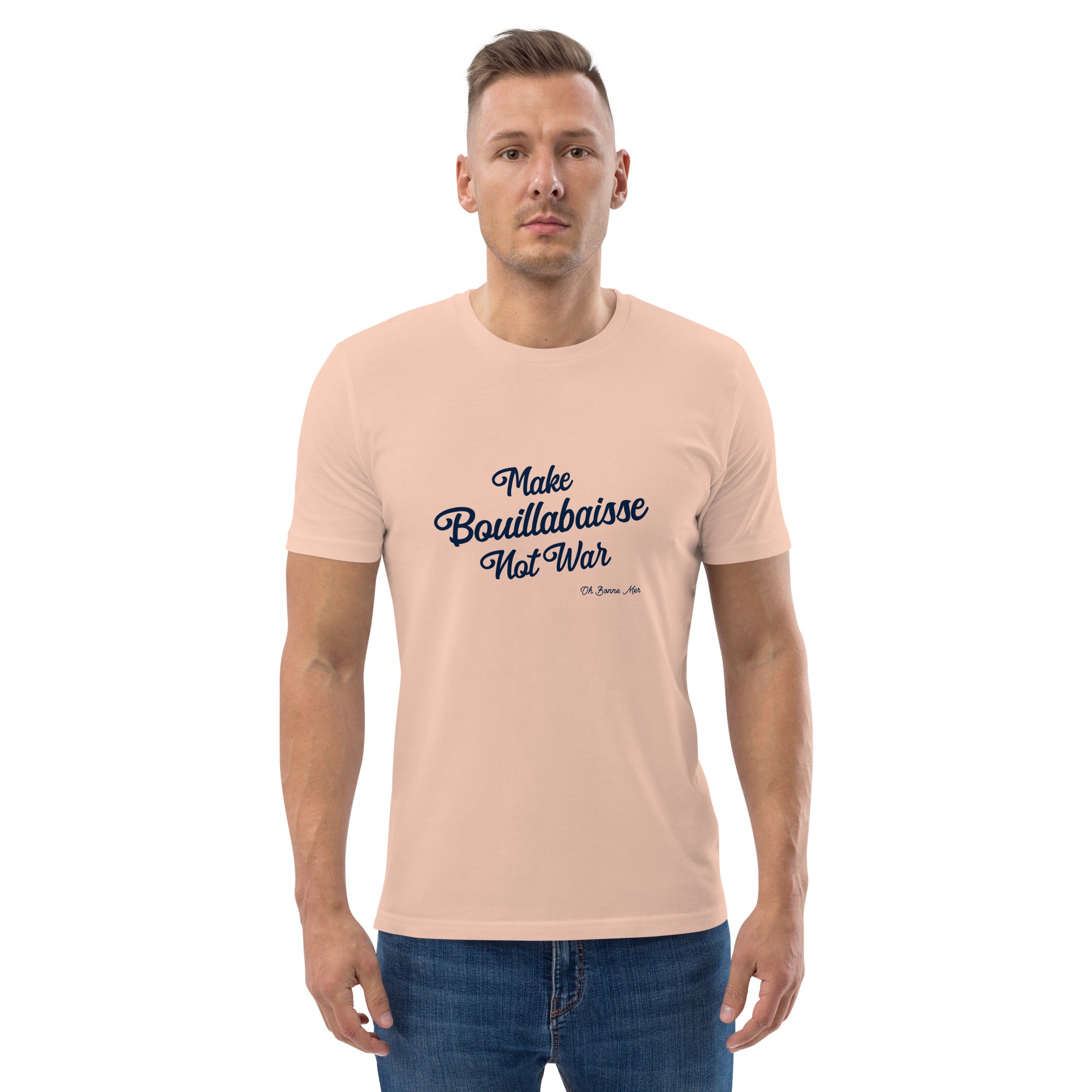 T-shirt unisexe en coton biologique Make Bouillabaisse Not War Navy sur couleurs claires