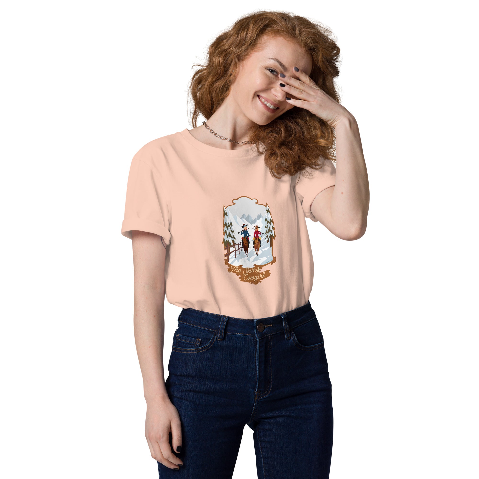 T-shirt unisexe en coton biologique The Skiing Cowgirl sur couleurs claires