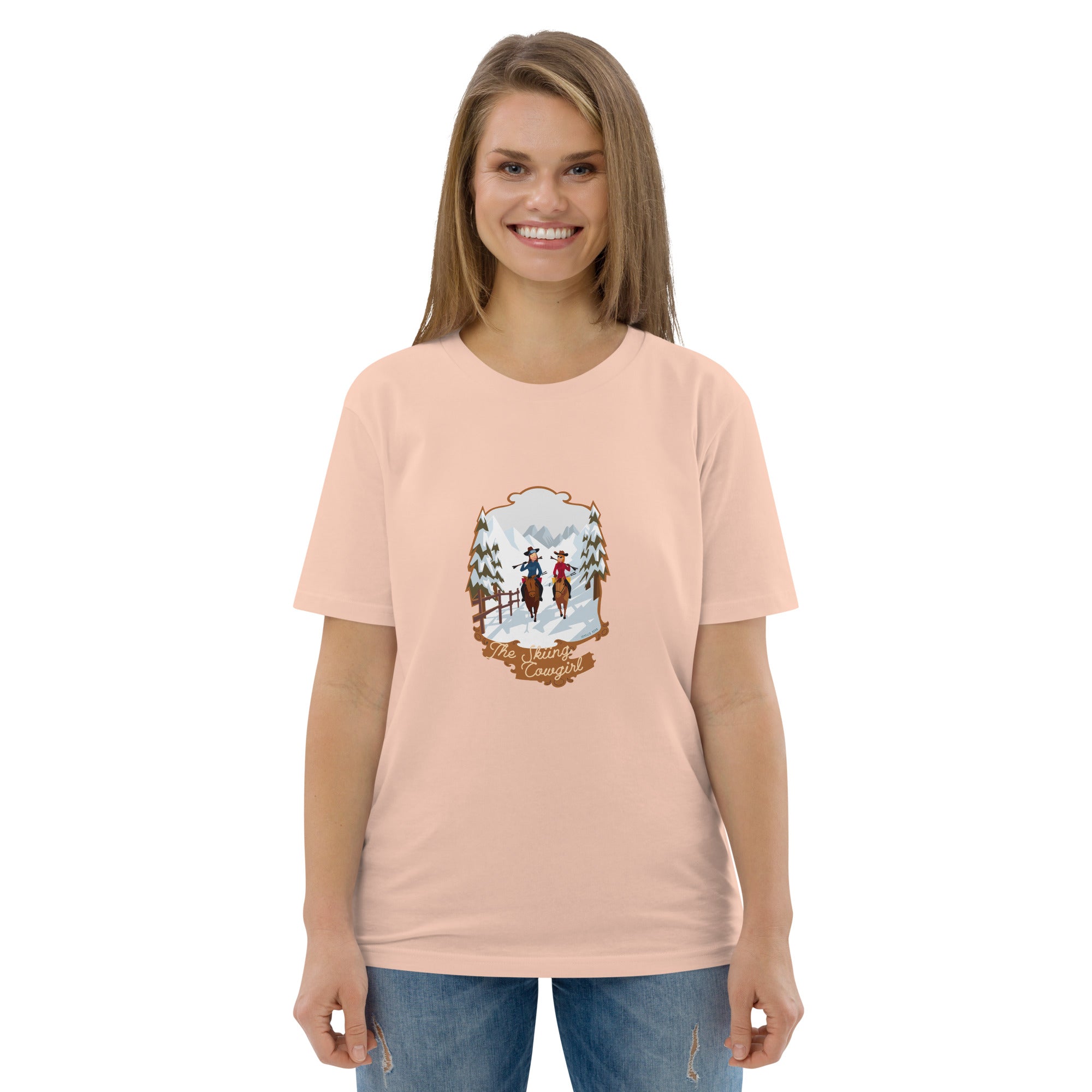 T-shirt unisexe en coton biologique The Skiing Cowgirl sur couleurs claires