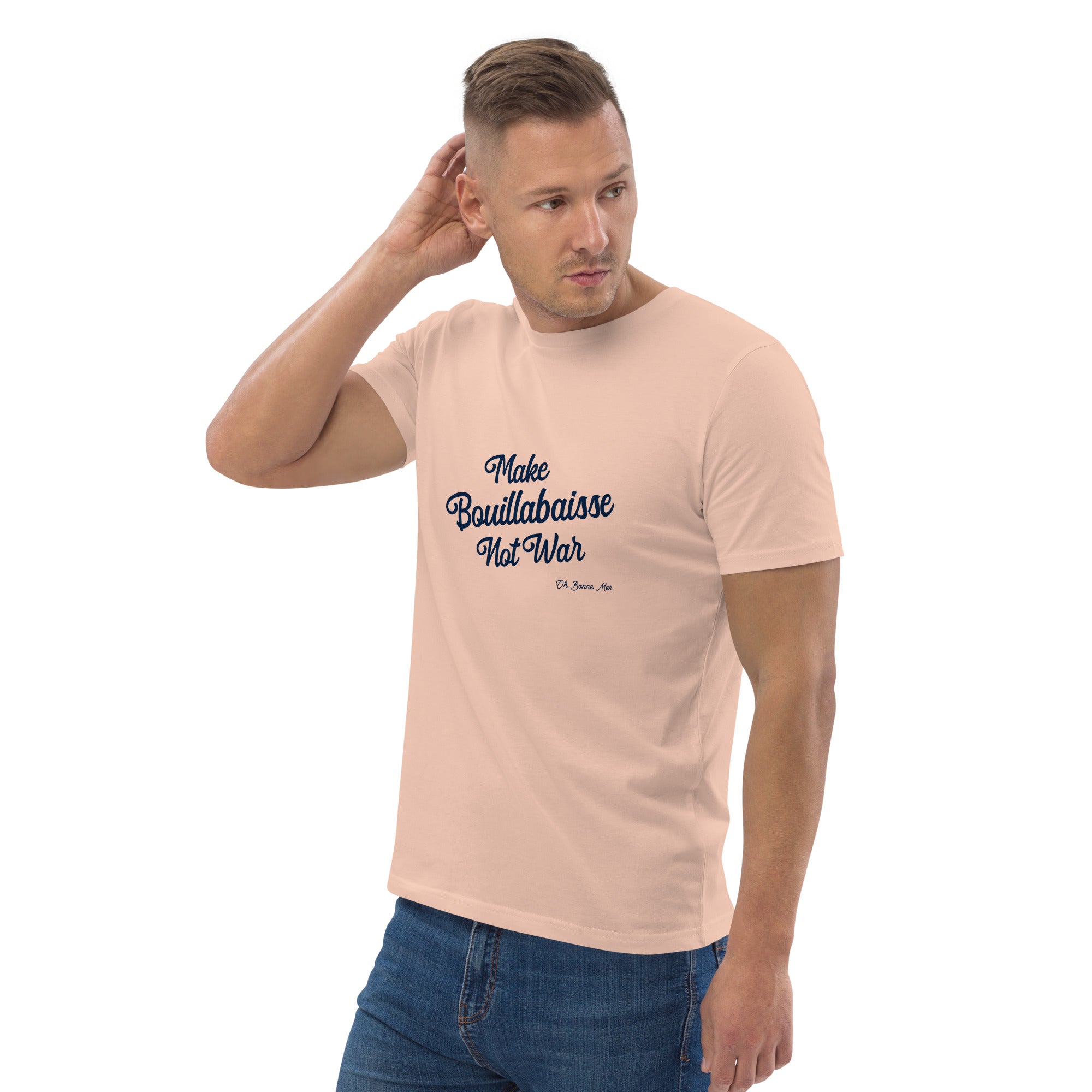 T-shirt unisexe en coton biologique Make Bouillabaisse Not War Navy sur couleurs claires
