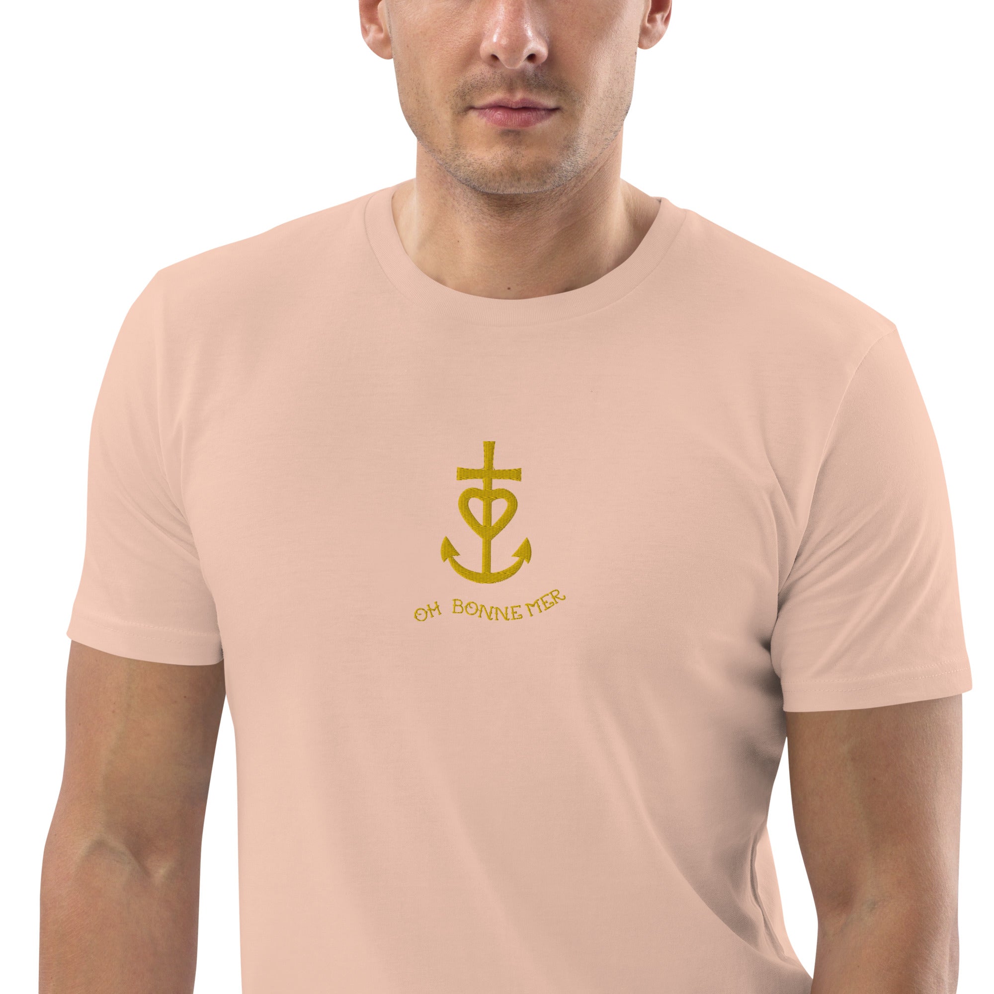 T-shirt unisexe en coton biologique Croix de Camargue dorée Oh Bonne mer brodé sur couleurs claires