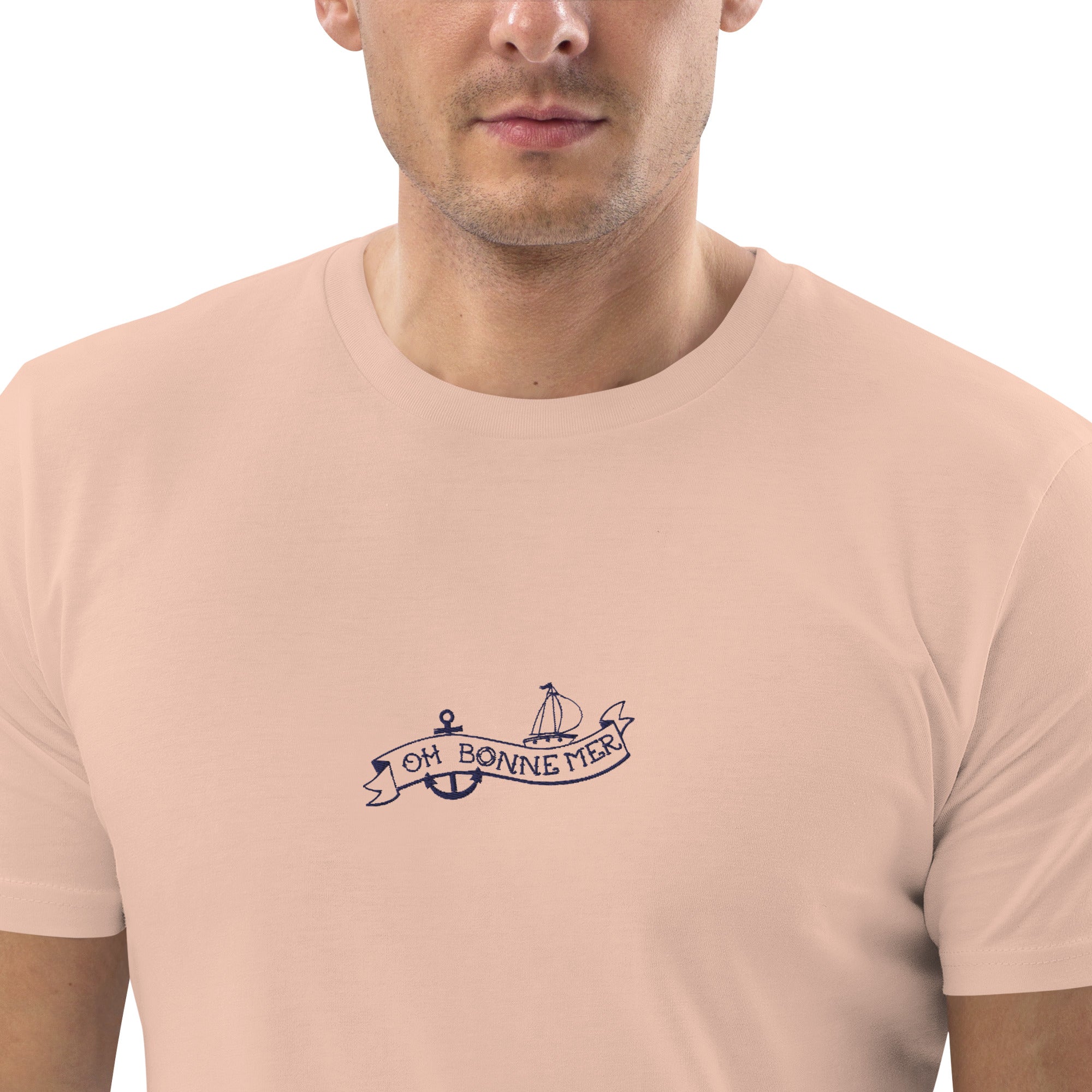 T-shirt unisexe en coton biologique Oh Bonne Mer Tattoo navy brodé sur couleurs claires