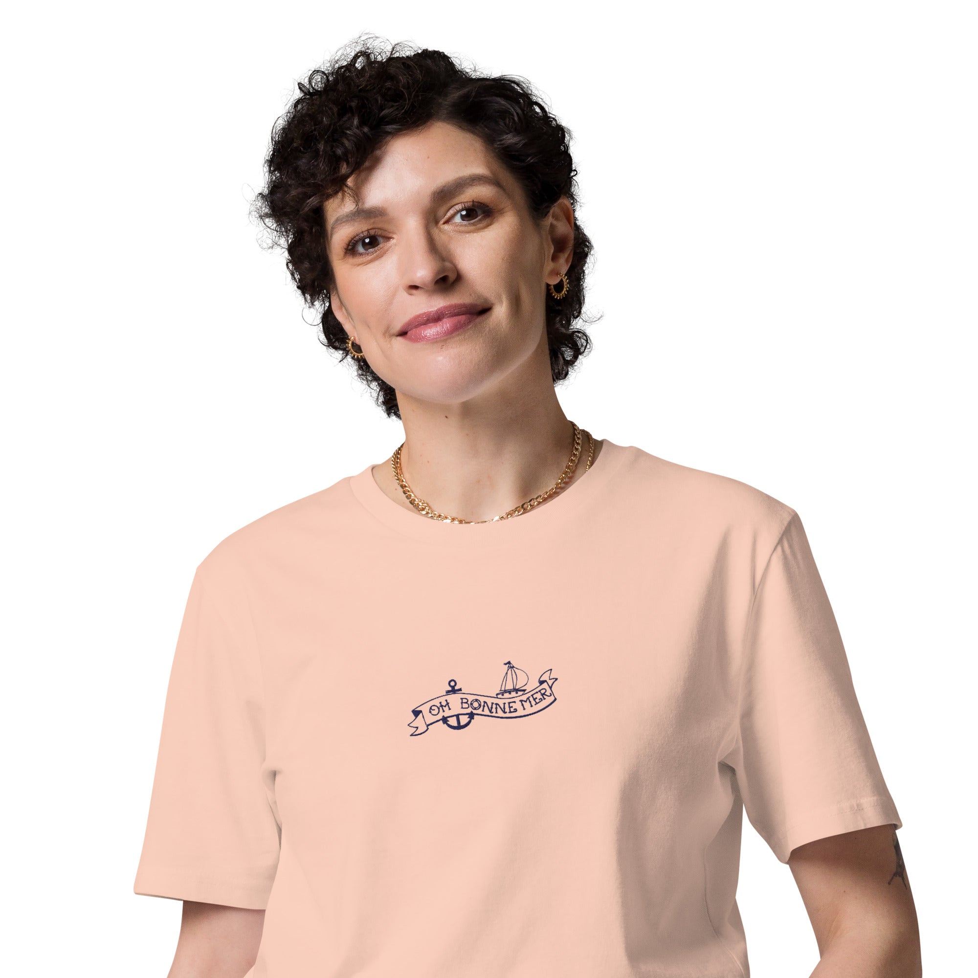 T-shirt unisexe en coton biologique Oh Bonne Mer Tattoo navy brodé sur couleurs claires