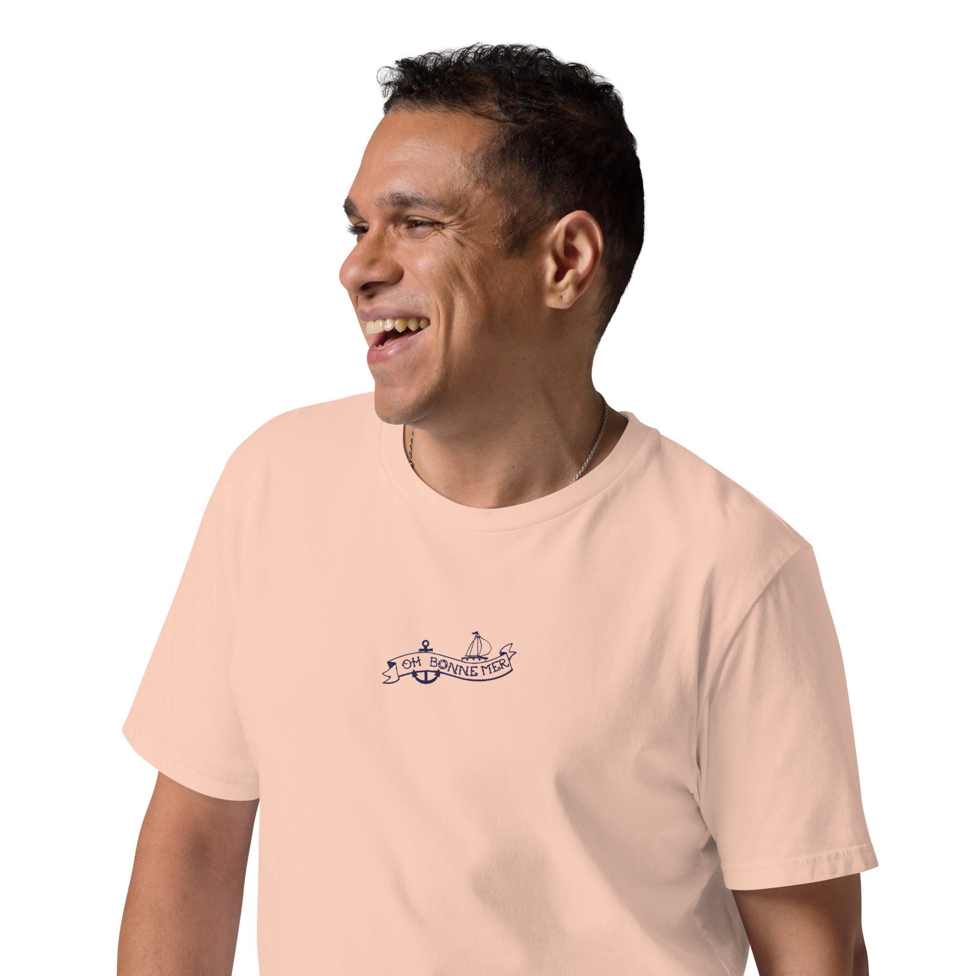 T-shirt unisexe en coton biologique Oh Bonne Mer Tattoo navy brodé sur couleurs claires