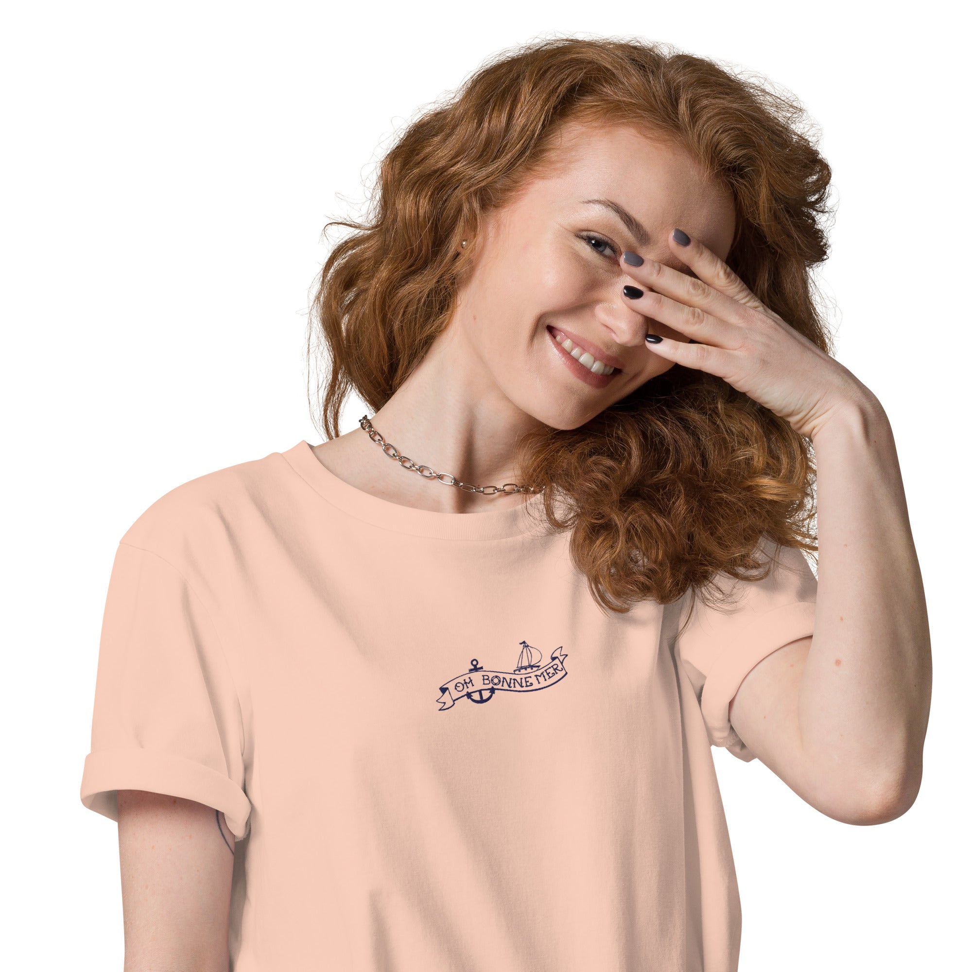 T-shirt unisexe en coton biologique Oh Bonne Mer Tattoo navy brodé sur couleurs claires