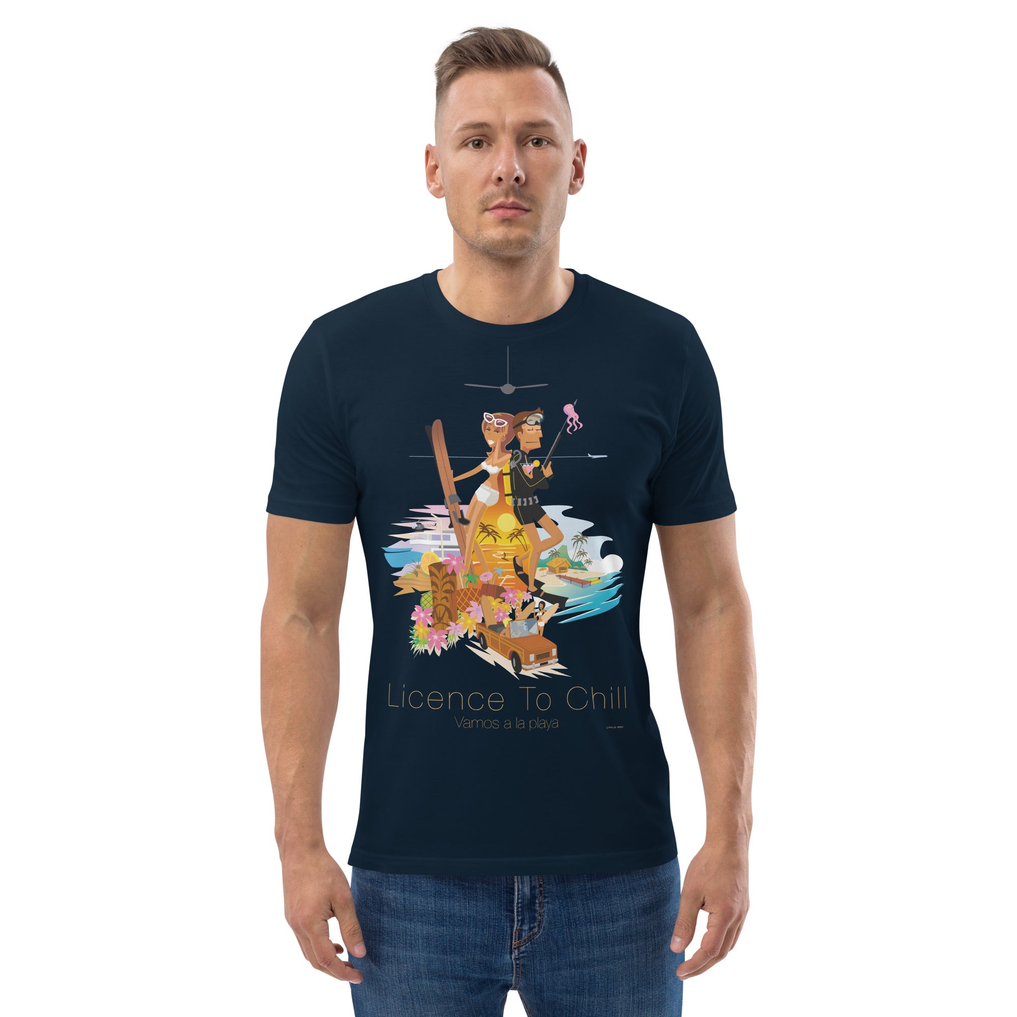 Unisex organic cotton t-shirt License To Chill Vamos a la Playa on dark colors