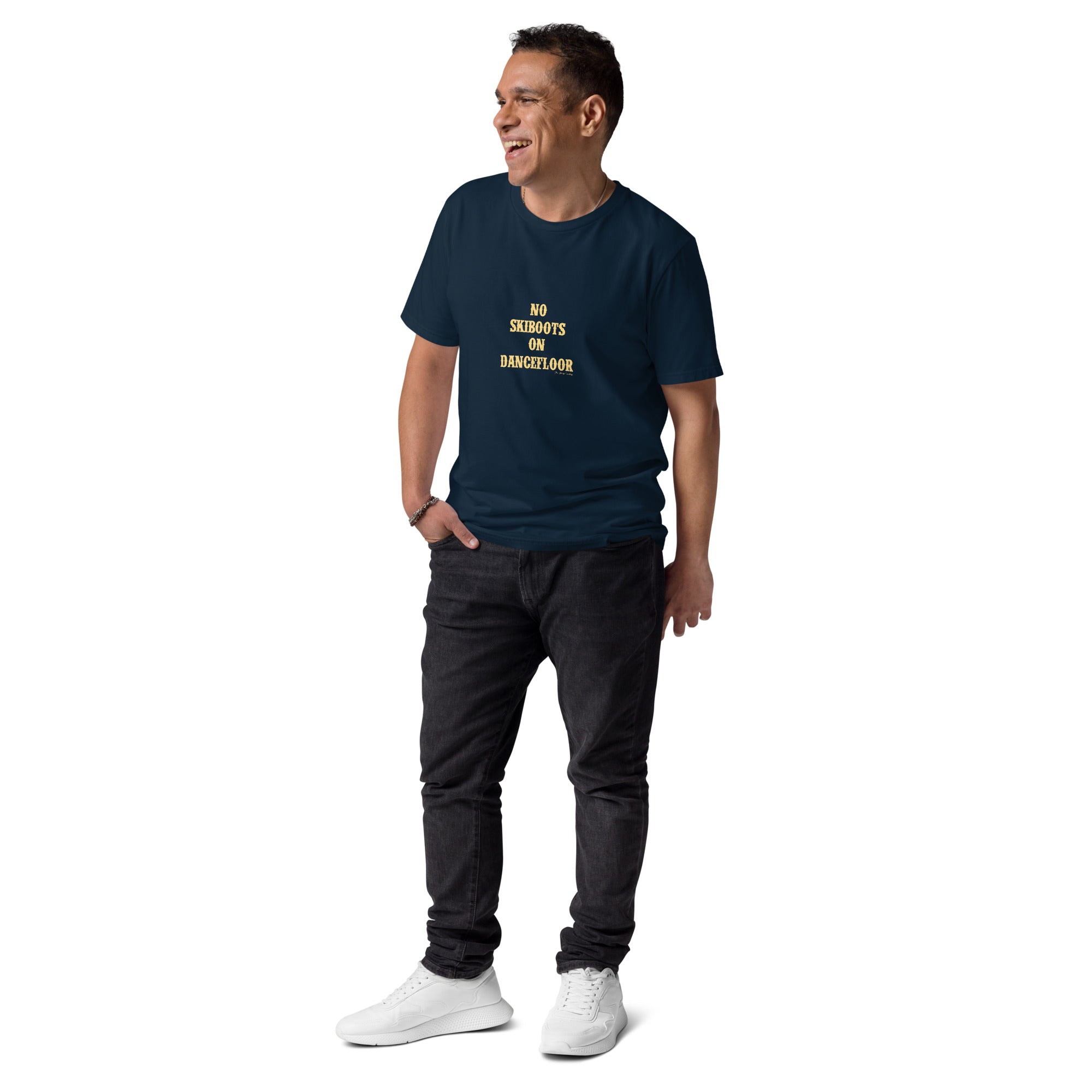T-shirt unisexe en coton biologique No Skiboots on Dancefloor texte clair