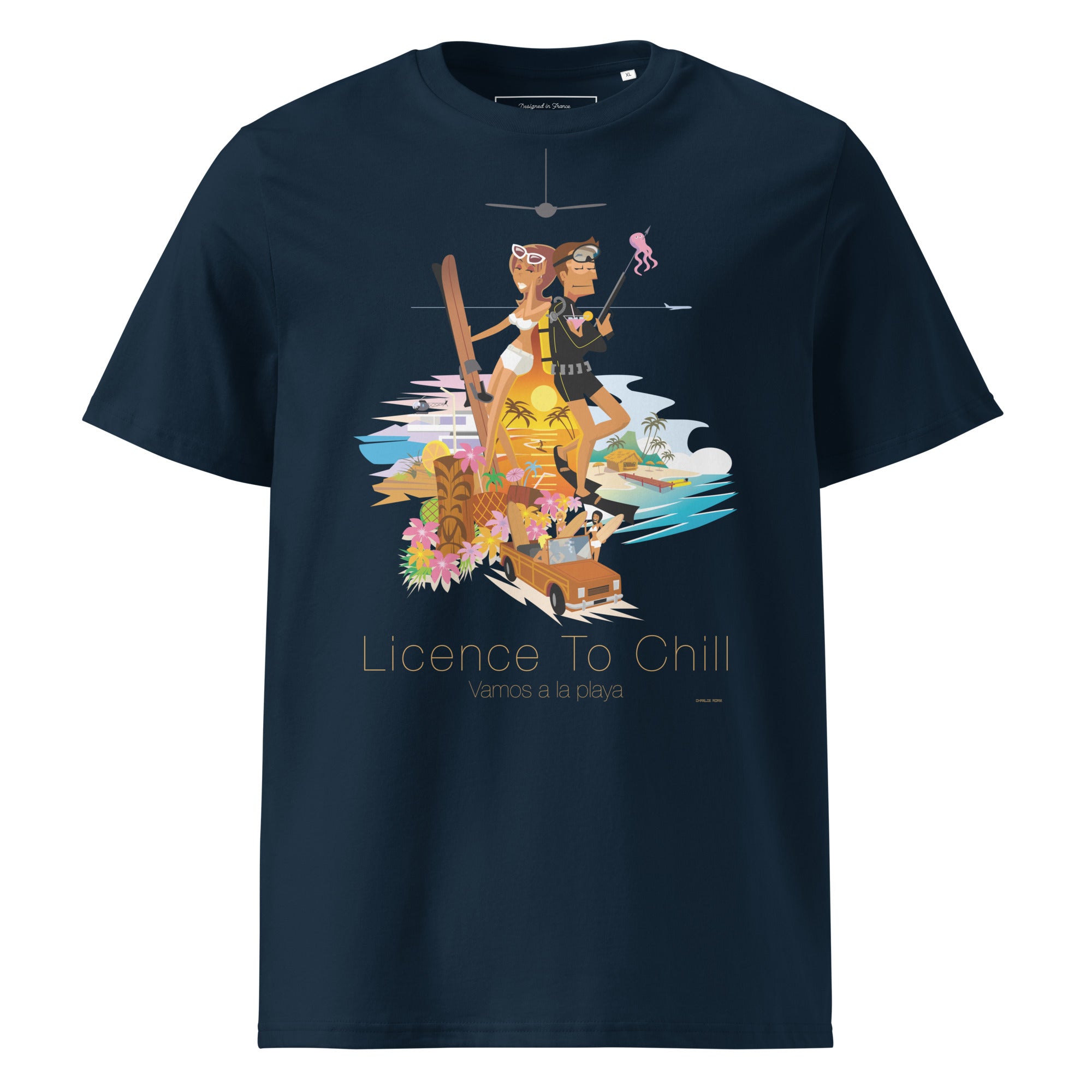 Unisex organic cotton t-shirt License To Chill Vamos a la Playa on dark colors