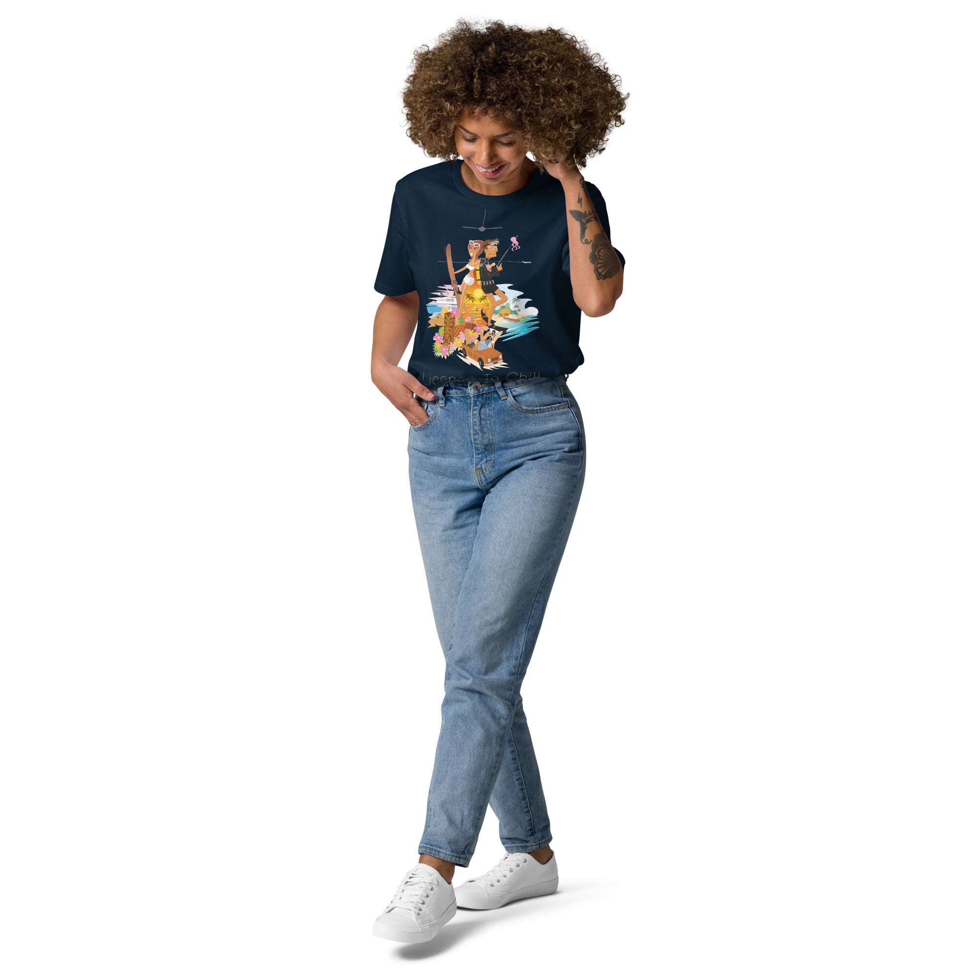 Unisex organic cotton t-shirt License To Chill Vamos a la Playa on dark colors