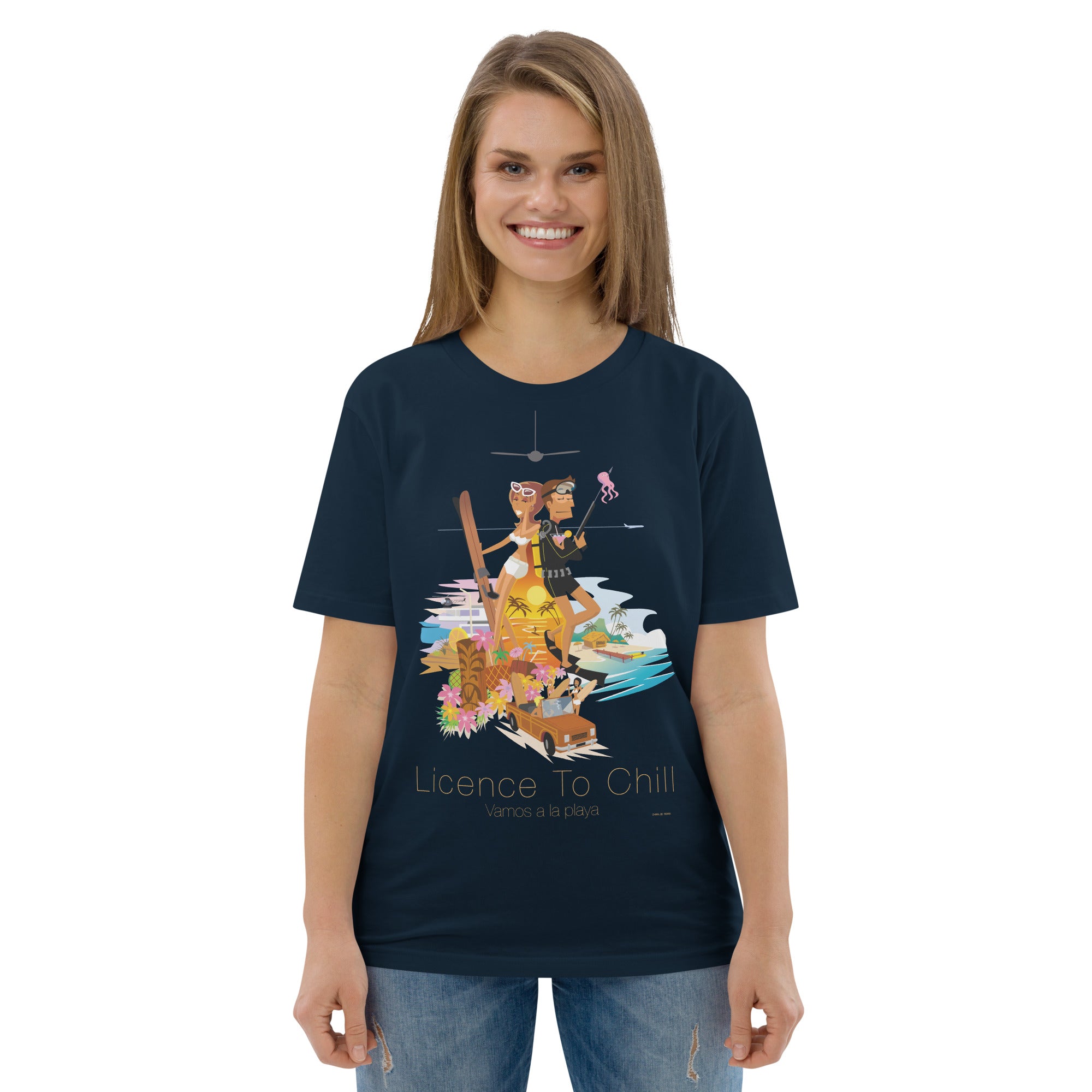 Unisex organic cotton t-shirt License To Chill Vamos a la Playa on dark colors