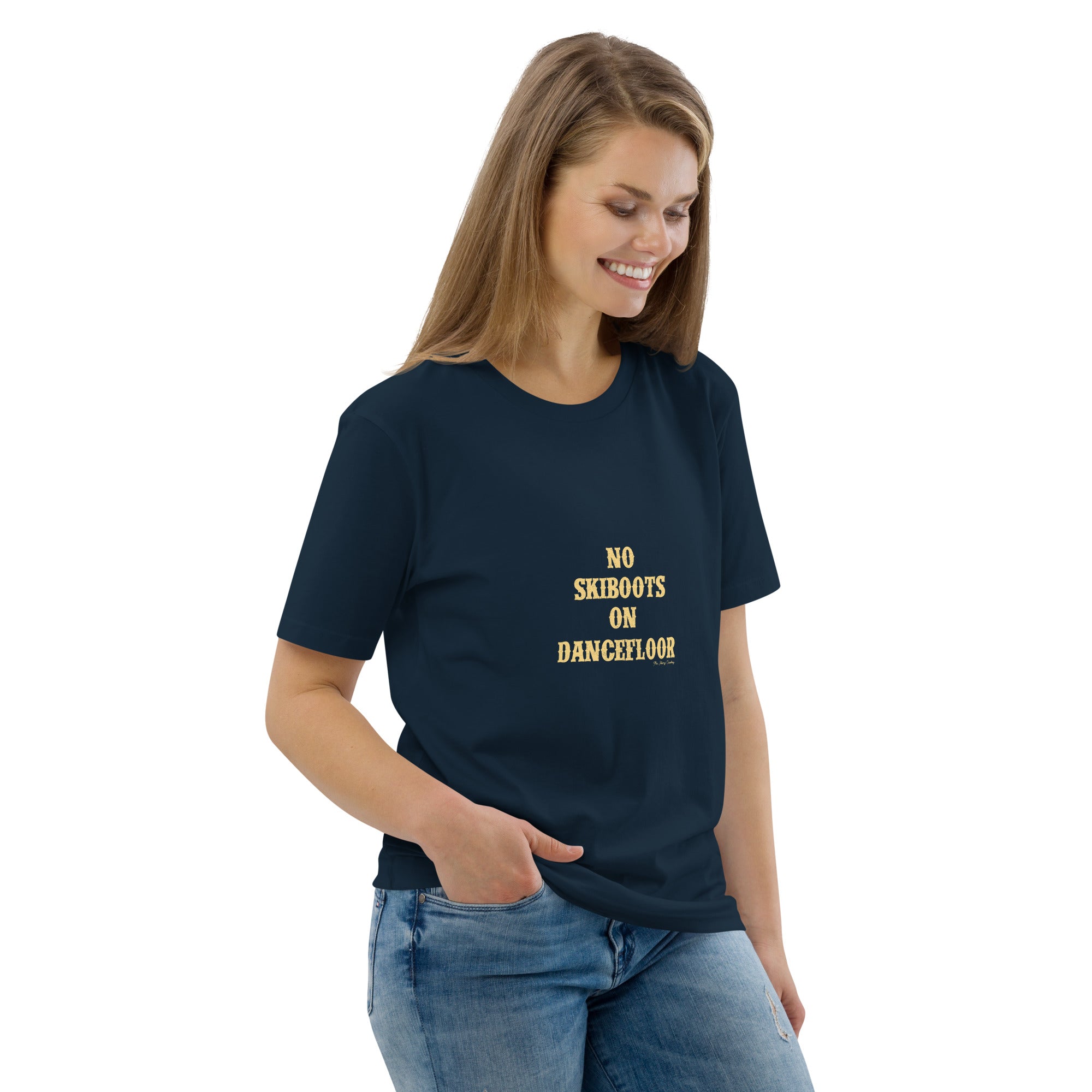 T-shirt unisexe en coton biologique No Skiboots on Dancefloor texte clair