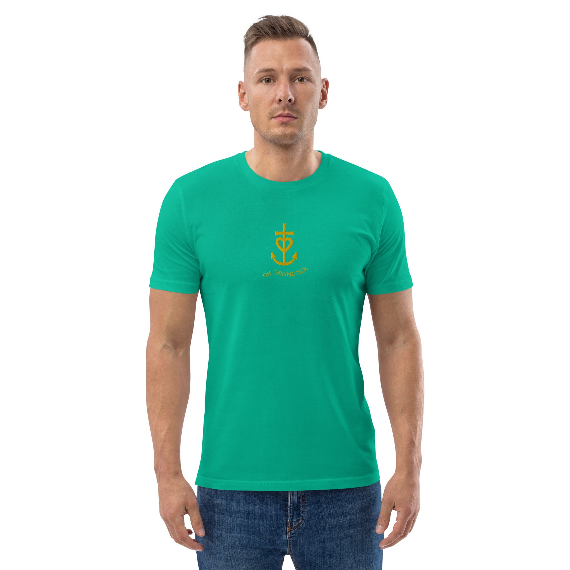 T-shirt unisexe en coton biologique Croix de Camargue dorée Oh Bonne mer brodé sur couleurs vives