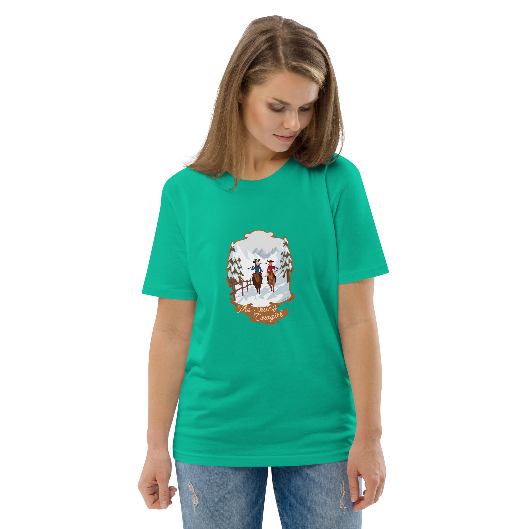 T-shirt unisexe en coton biologique The Skiing Cowgirl sur couleurs vives