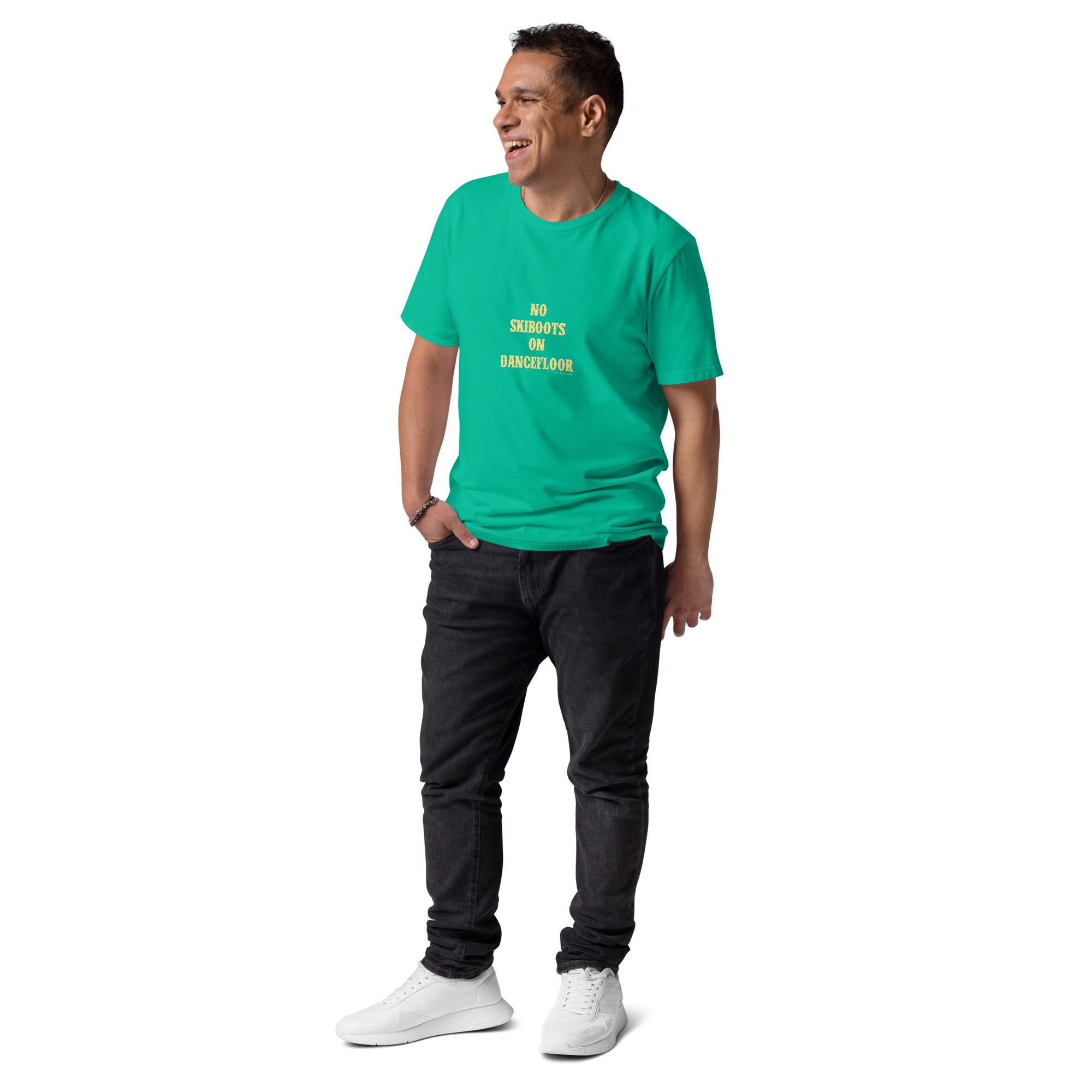 T-shirt unisexe en coton biologique No Skiboots on Dancefloor texte clair