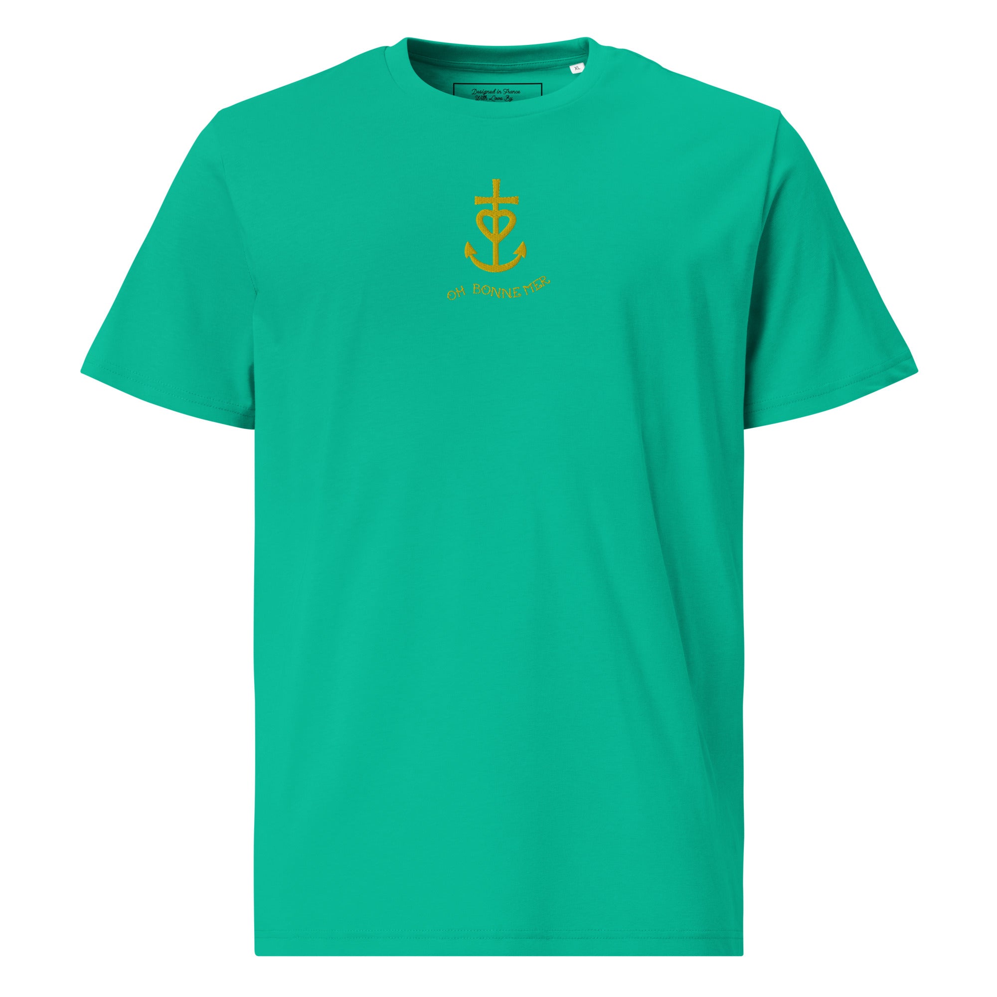 T-shirt unisexe en coton biologique Croix de Camargue dorée Oh Bonne mer brodé sur couleurs vives