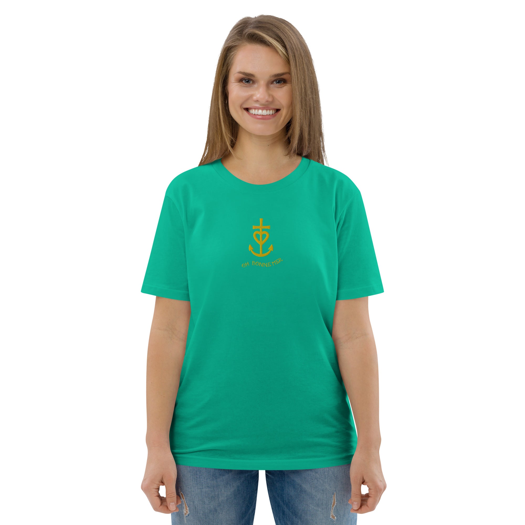 T-shirt unisexe en coton biologique Croix de Camargue dorée Oh Bonne mer brodé sur couleurs vives