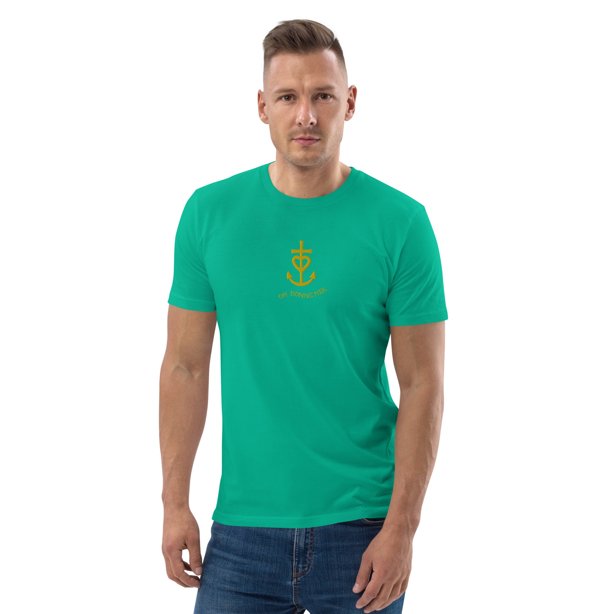 T-shirt unisexe en coton biologique Croix de Camargue dorée Oh Bonne mer brodé sur couleurs vives