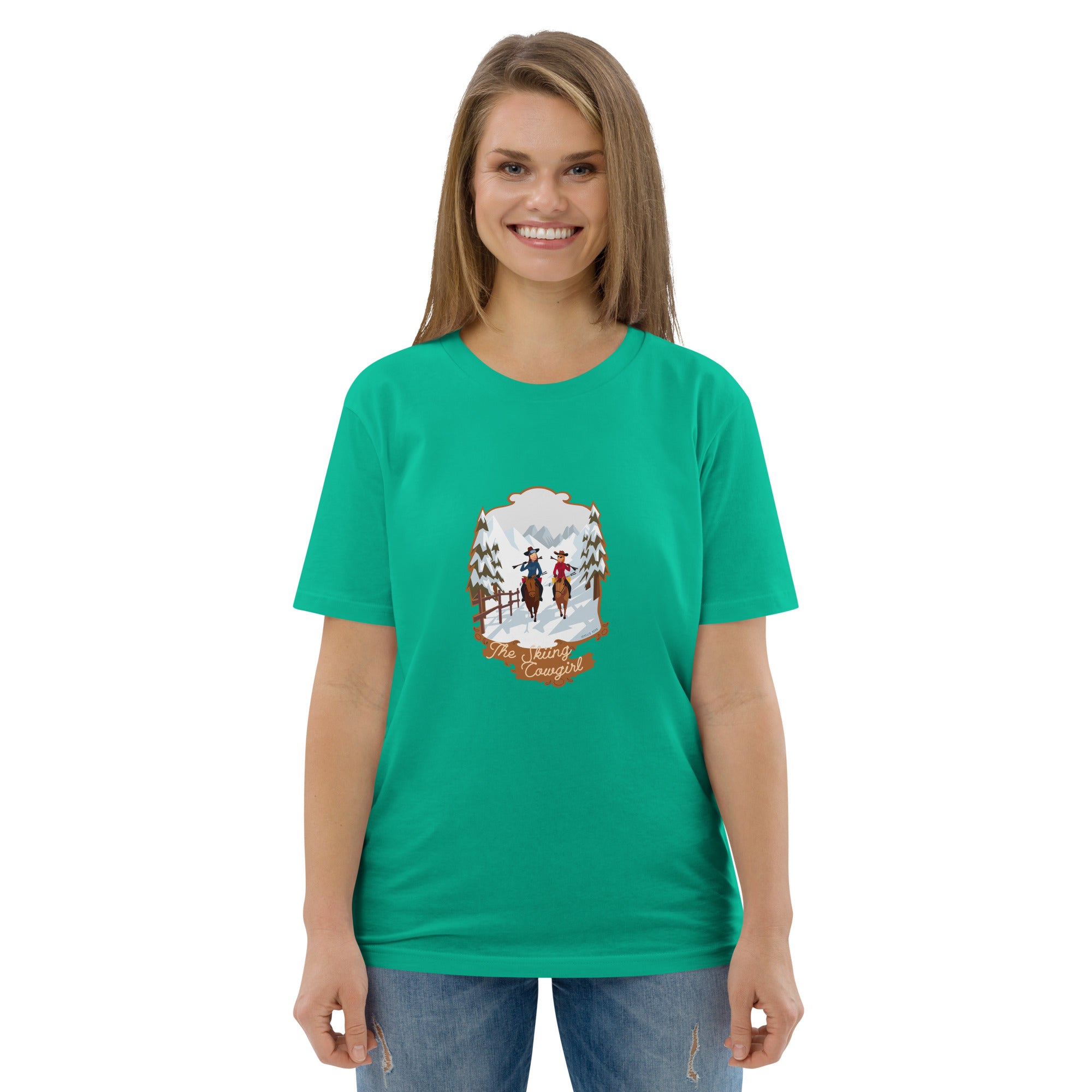 T-shirt unisexe en coton biologique The Skiing Cowgirl sur couleurs vives