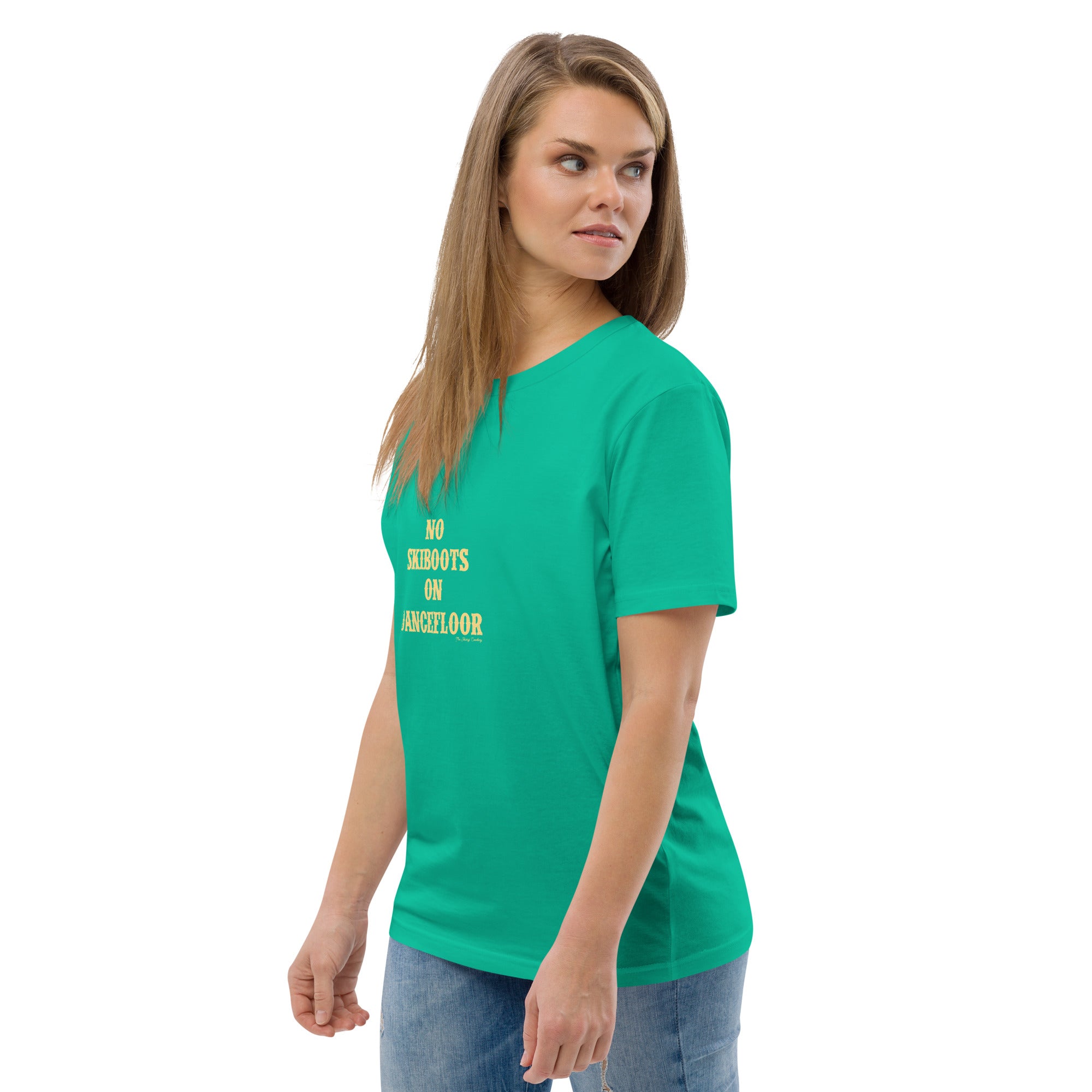 T-shirt unisexe en coton biologique No Skiboots on Dancefloor texte clair