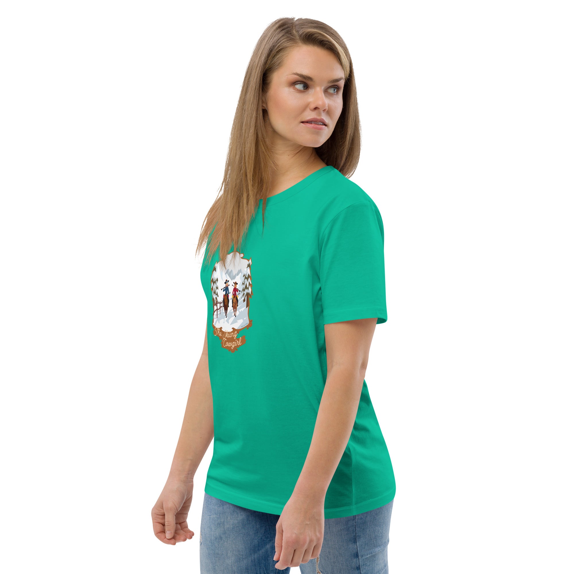 T-shirt unisexe en coton biologique The Skiing Cowgirl sur couleurs vives