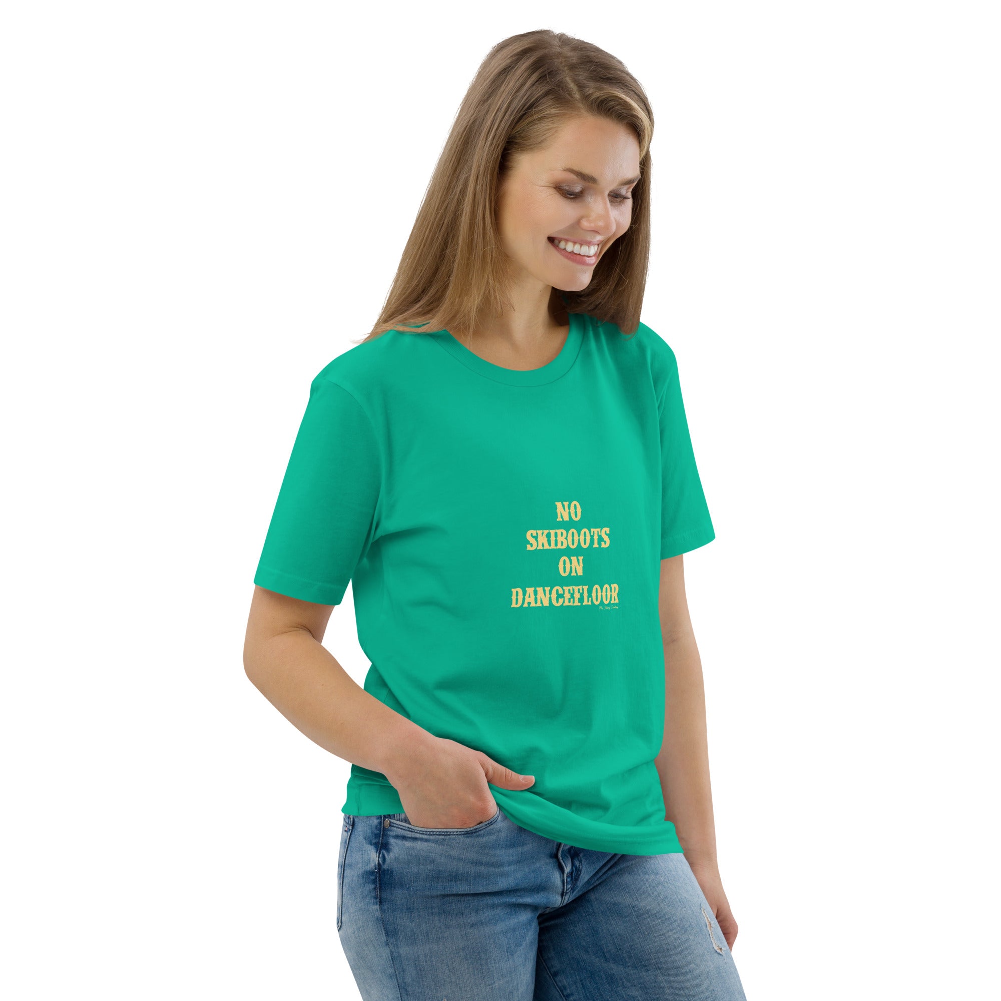 T-shirt unisexe en coton biologique No Skiboots on Dancefloor texte clair