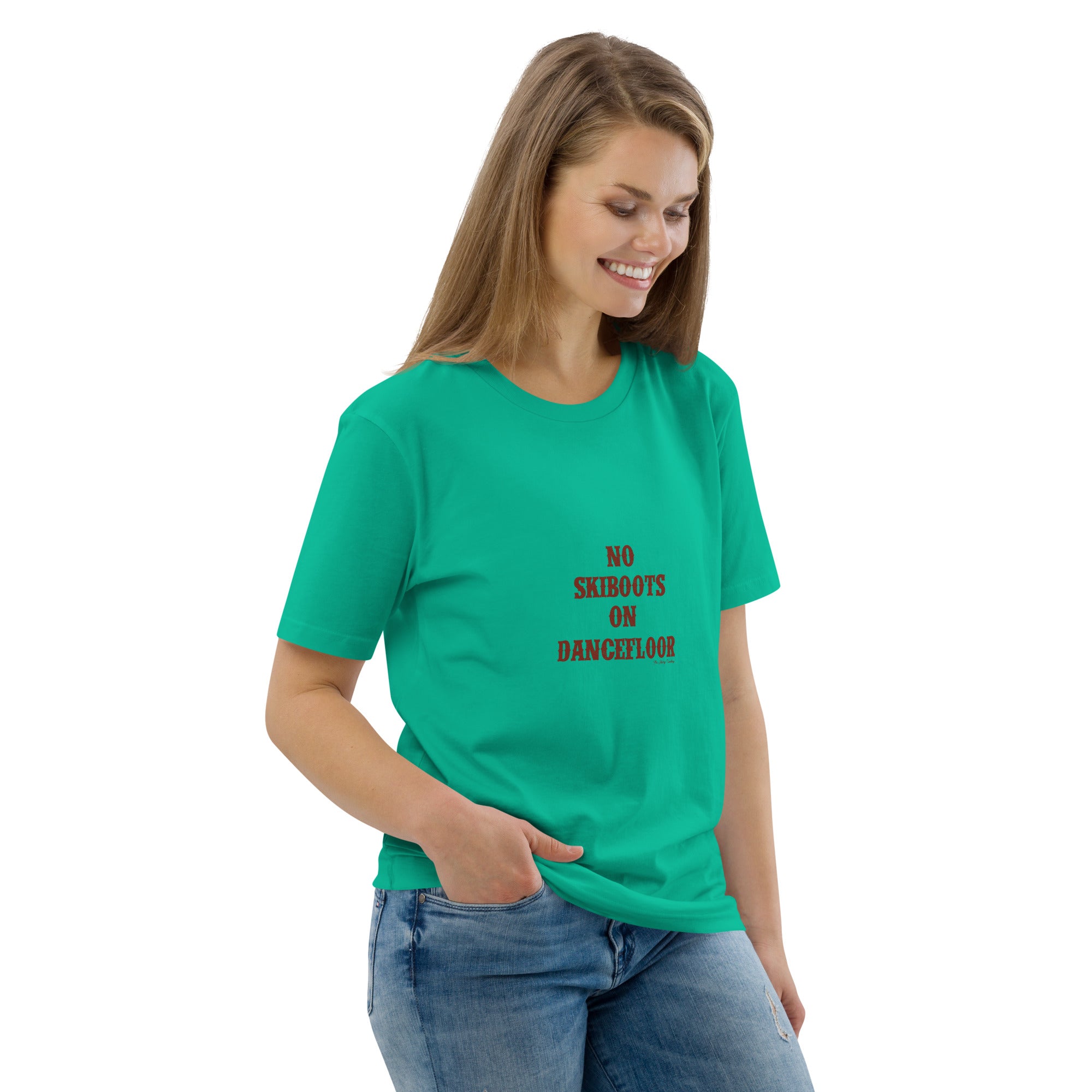 T-shirt unisexe en coton biologique No Skiboots on Dancefloor texte foncé