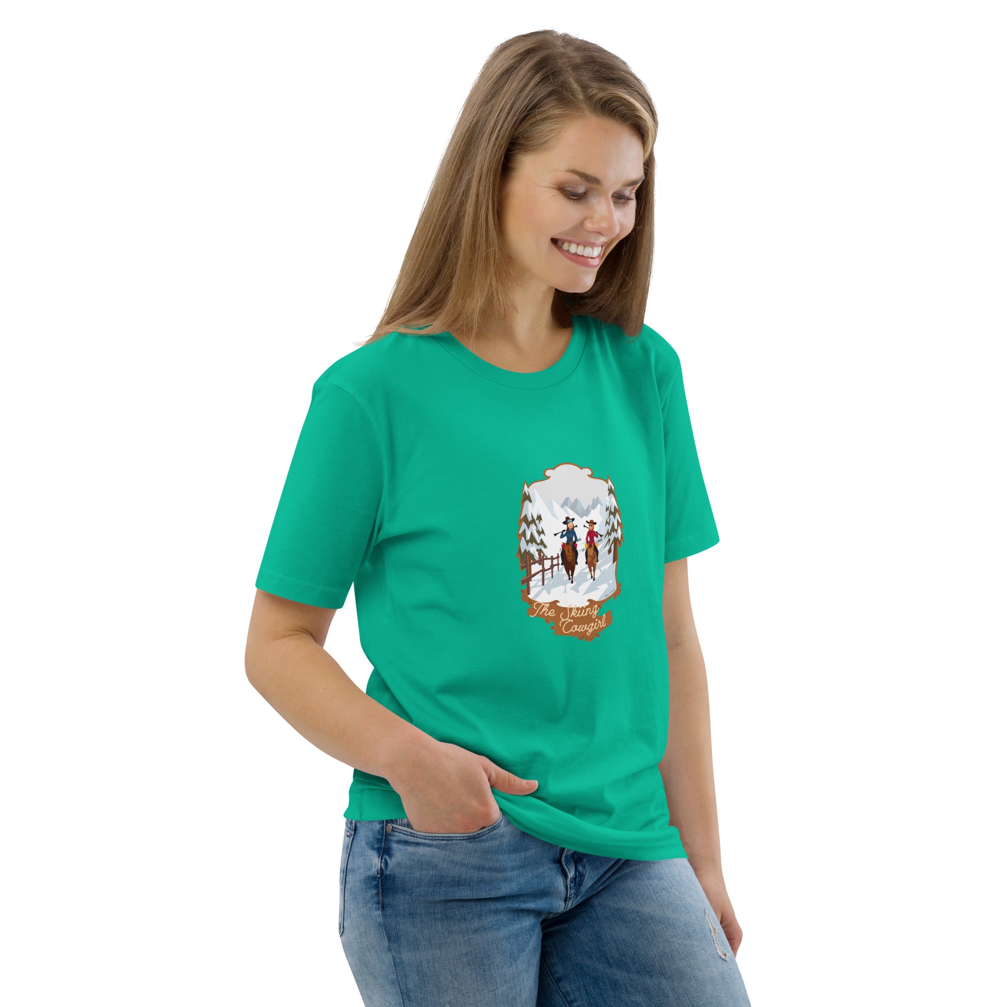 T-shirt unisexe en coton biologique The Skiing Cowgirl sur couleurs vives