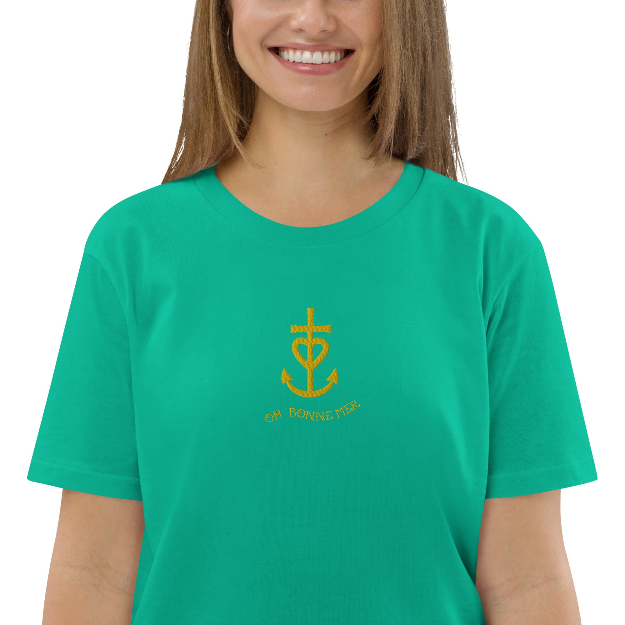 T-shirt unisexe en coton biologique Croix de Camargue dorée Oh Bonne mer brodé sur couleurs vives