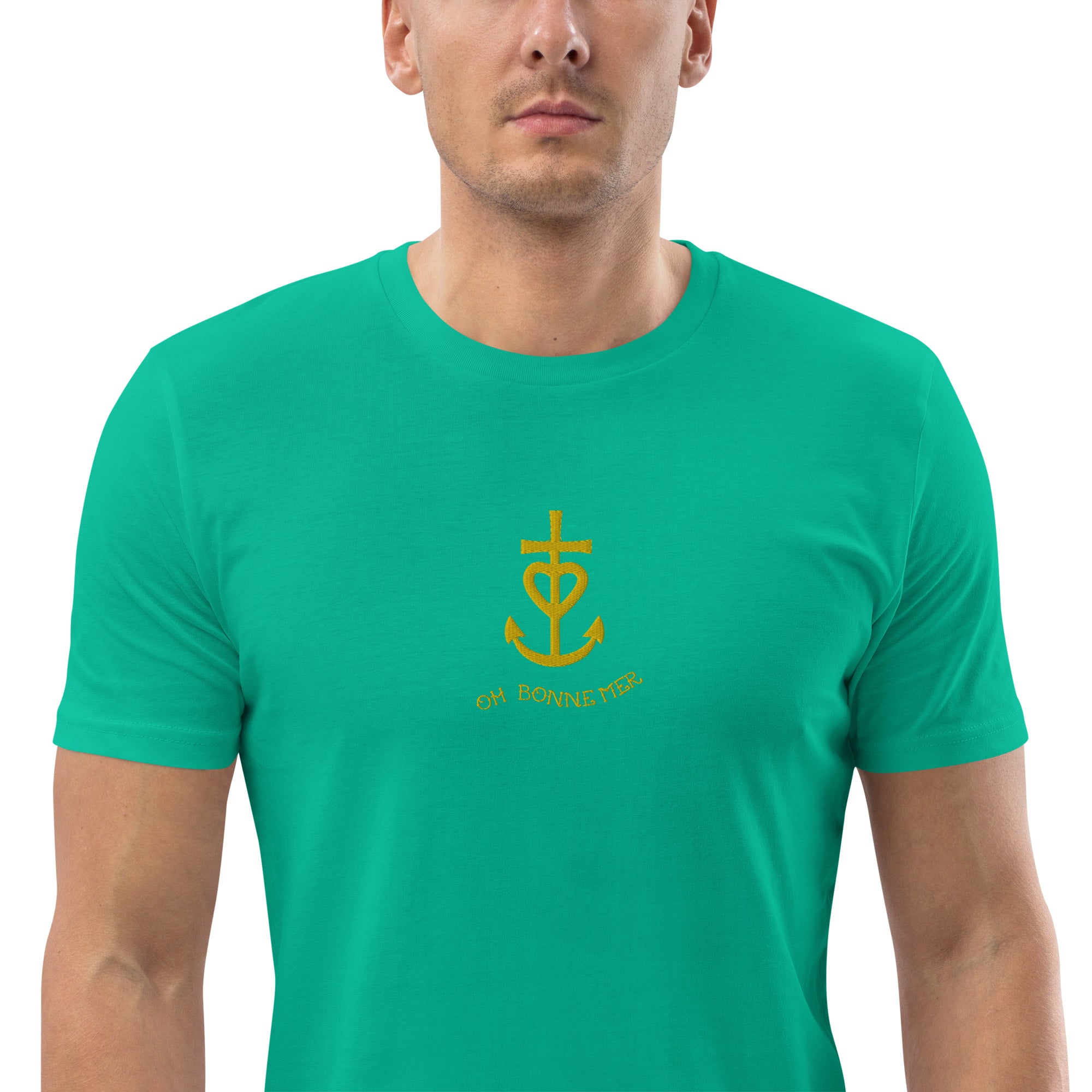 T-shirt unisexe en coton biologique Croix de Camargue dorée Oh Bonne mer brodé sur couleurs vives