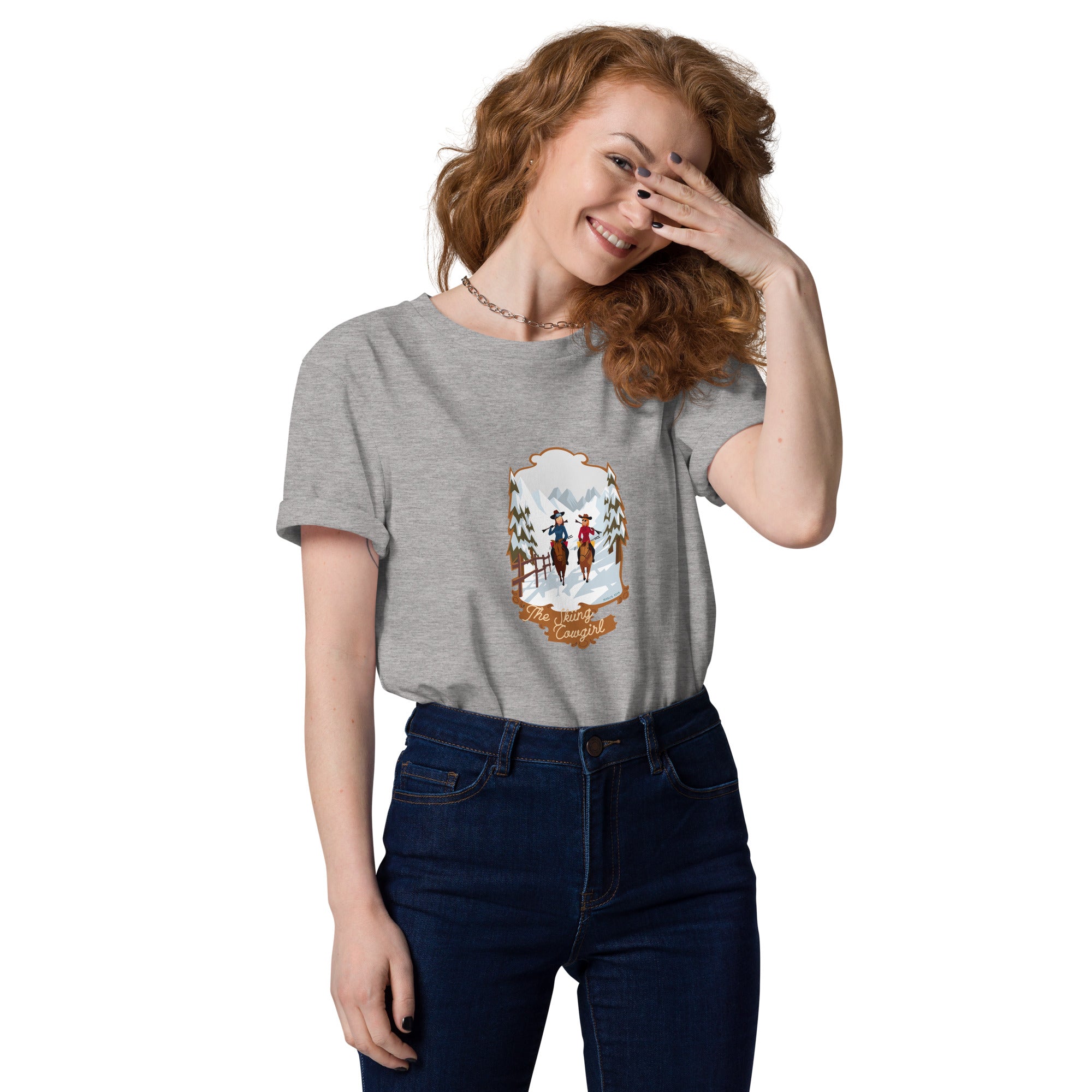 T-shirt unisexe en coton biologique The Skiing Cowgirl sur couleurs claires