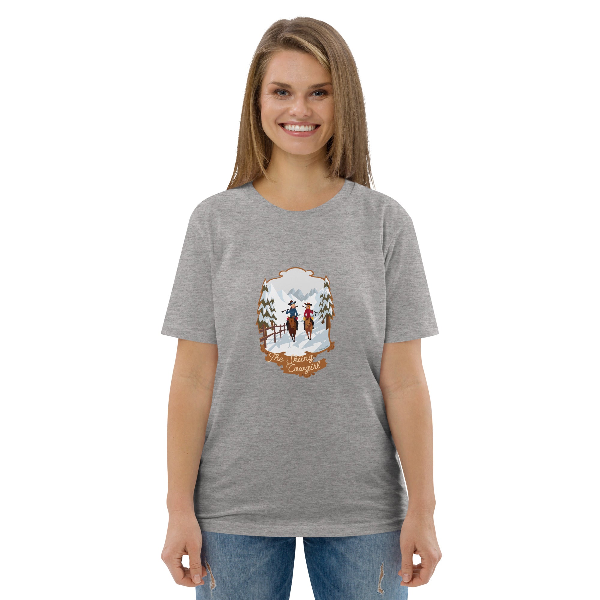 T-shirt unisexe en coton biologique The Skiing Cowgirl sur couleurs claires