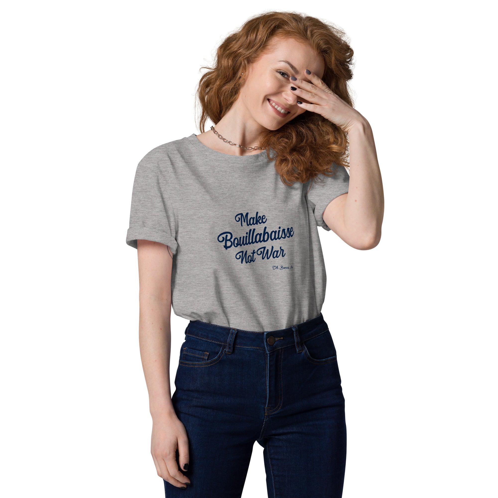 T-shirt unisexe en coton biologique Make Bouillabaisse Not War Navy sur couleurs claires