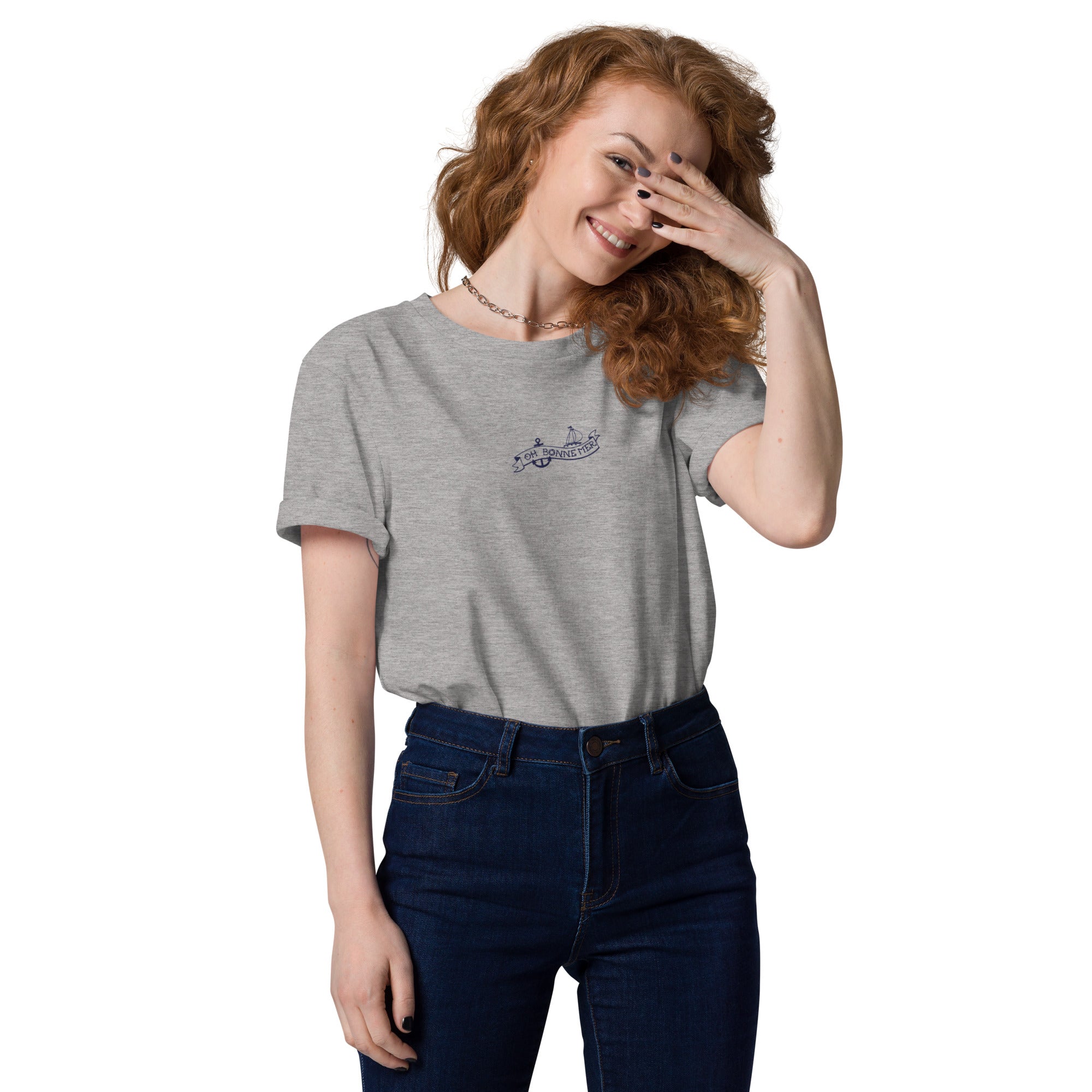 T-shirt unisexe en coton biologique Oh Bonne Mer Tattoo navy brodé sur couleurs claires