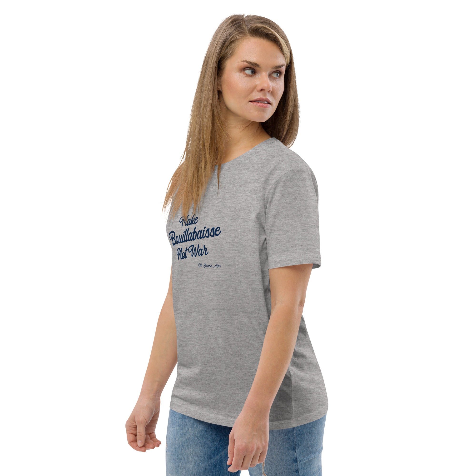 T-shirt unisexe en coton biologique Make Bouillabaisse Not War Navy sur couleurs claires