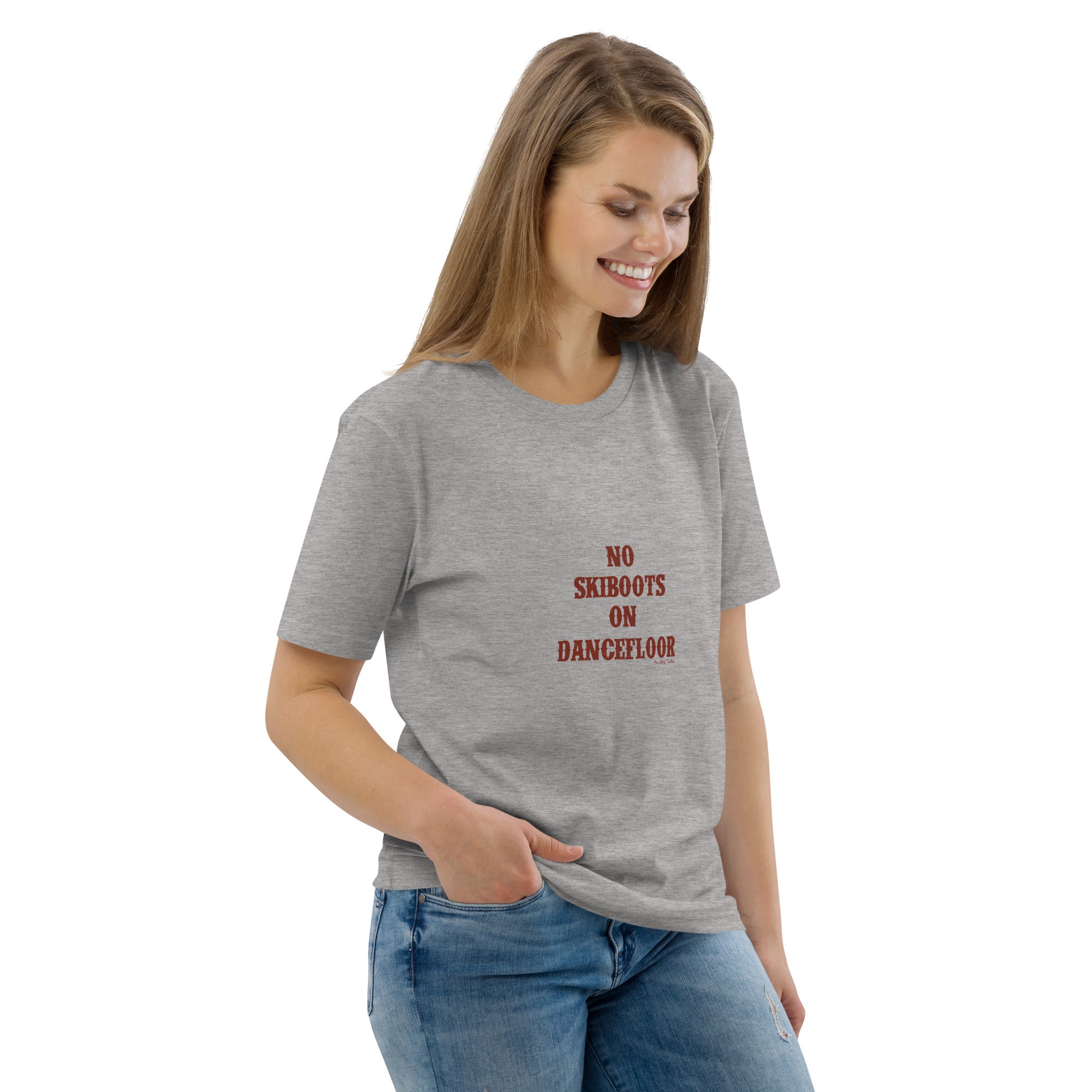 T-shirt unisexe en coton biologique No Skiboots on Dancefloor texte foncé
