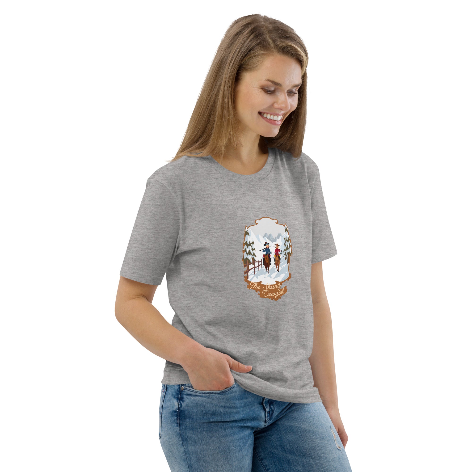 T-shirt unisexe en coton biologique The Skiing Cowgirl sur couleurs claires