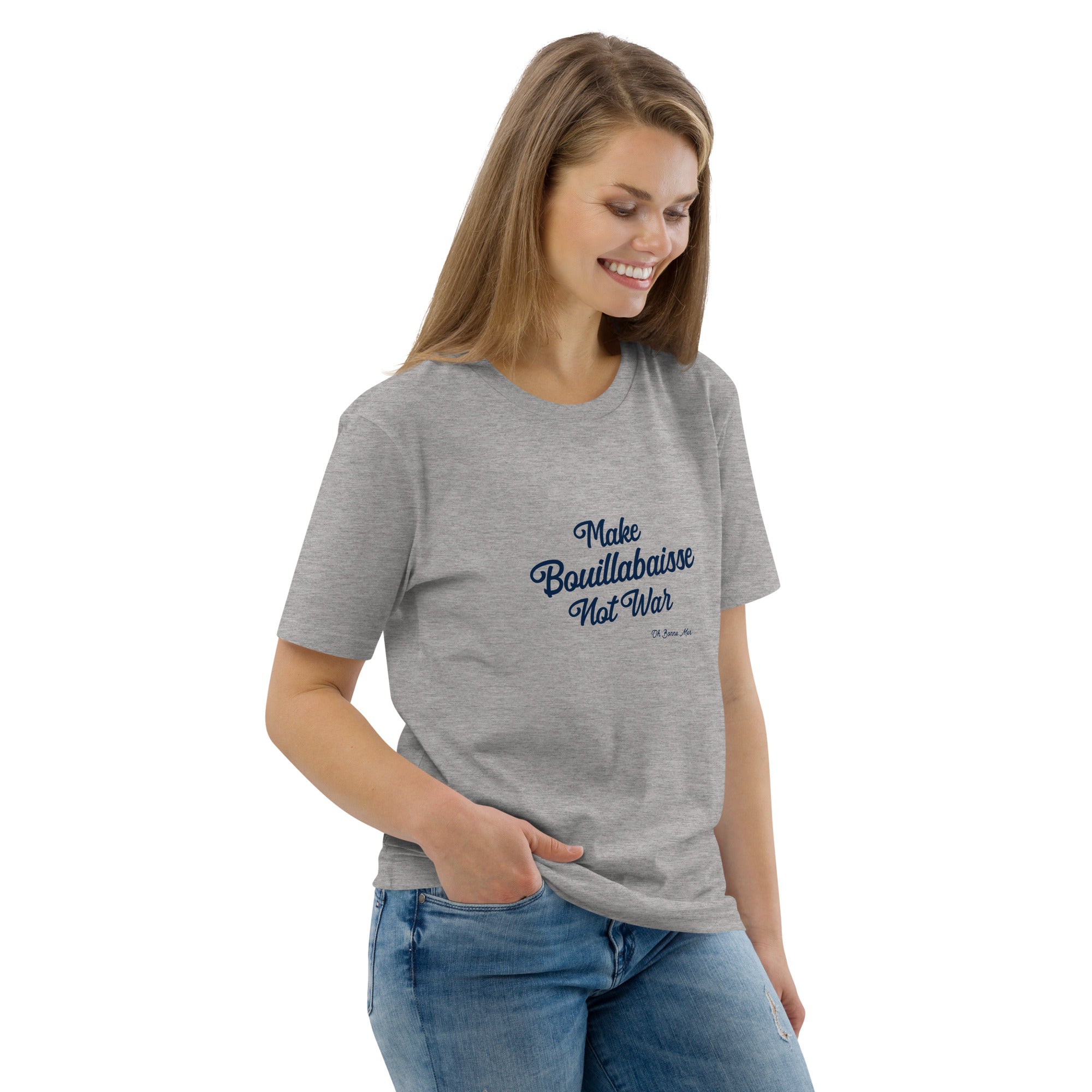 T-shirt unisexe en coton biologique Make Bouillabaisse Not War Navy sur couleurs claires