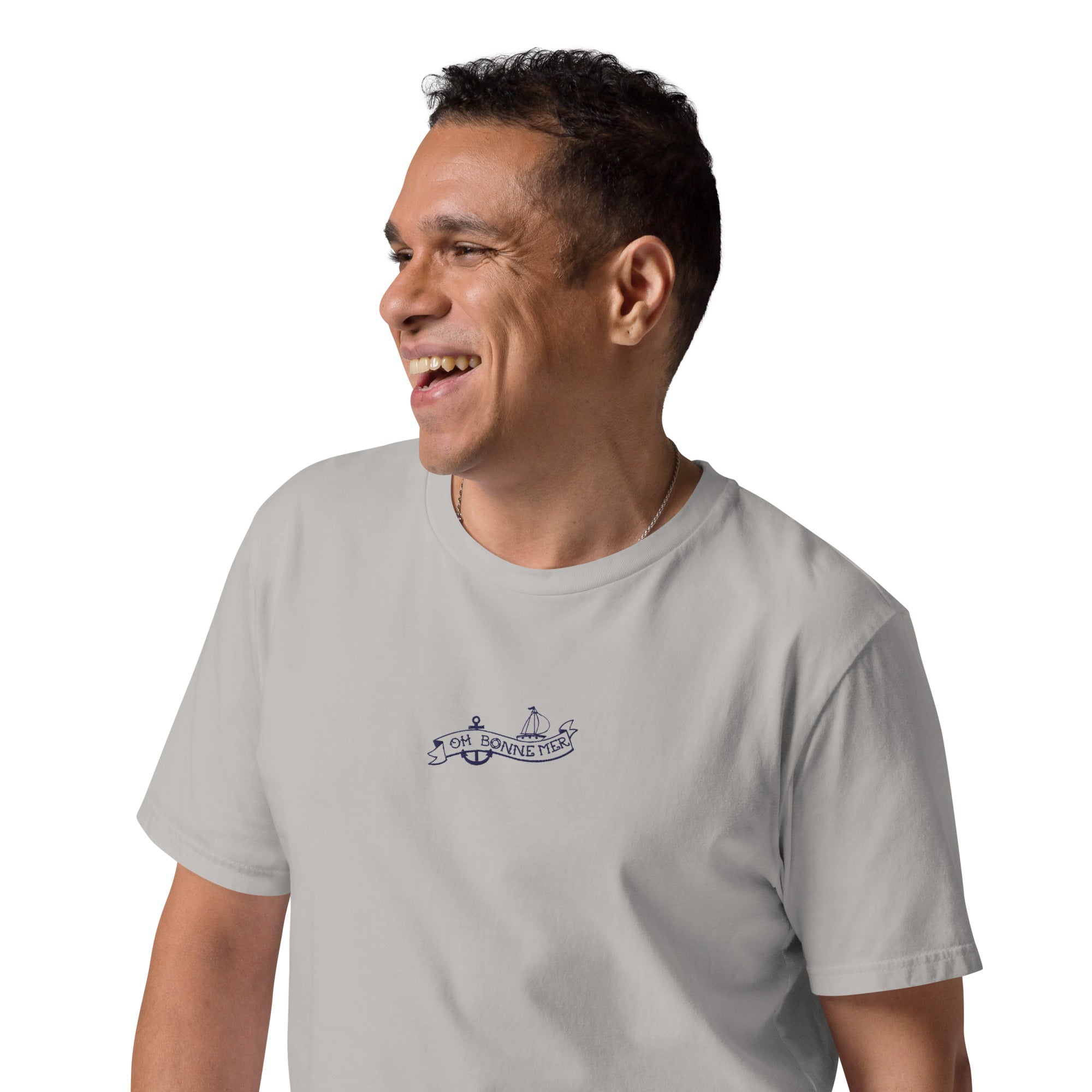 T-shirt unisexe en coton biologique Oh Bonne Mer Tattoo navy brodé sur couleurs claires