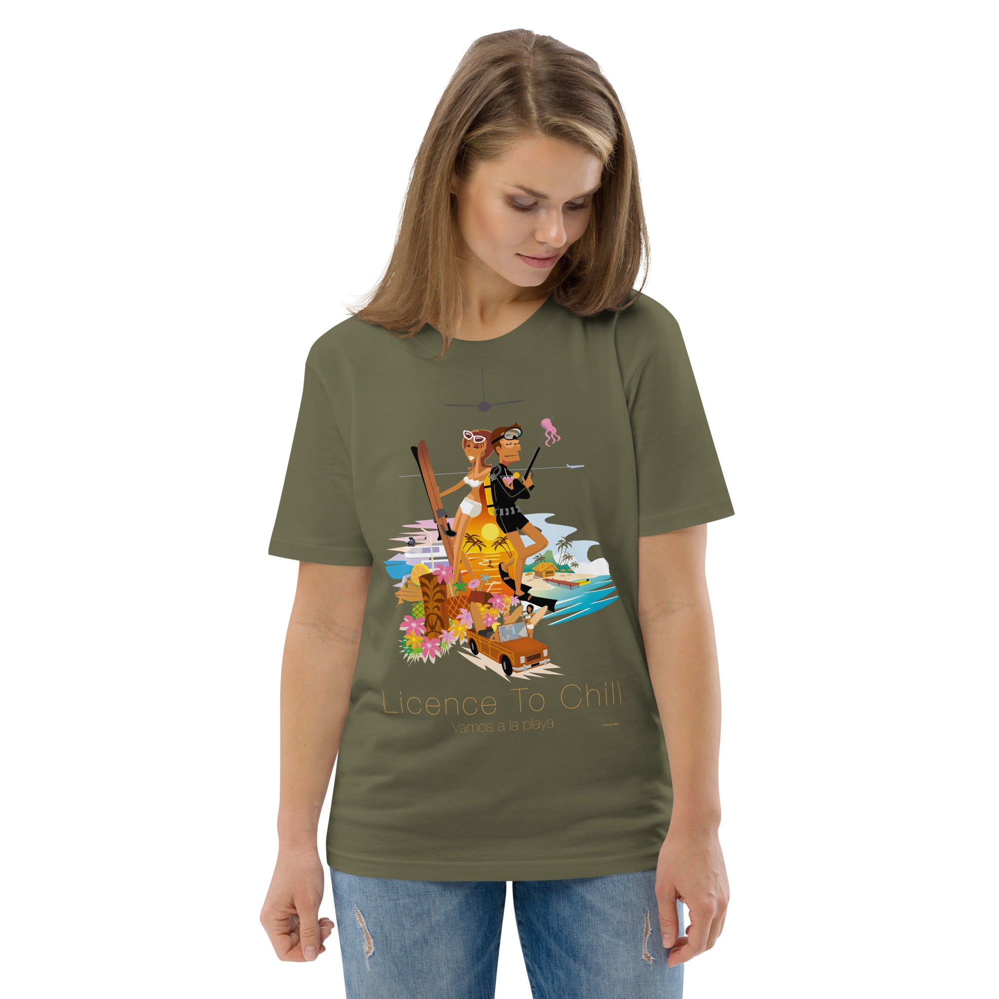 Unisex organic cotton t-shirt License To Chill Vamos a la Playa on dark colors
