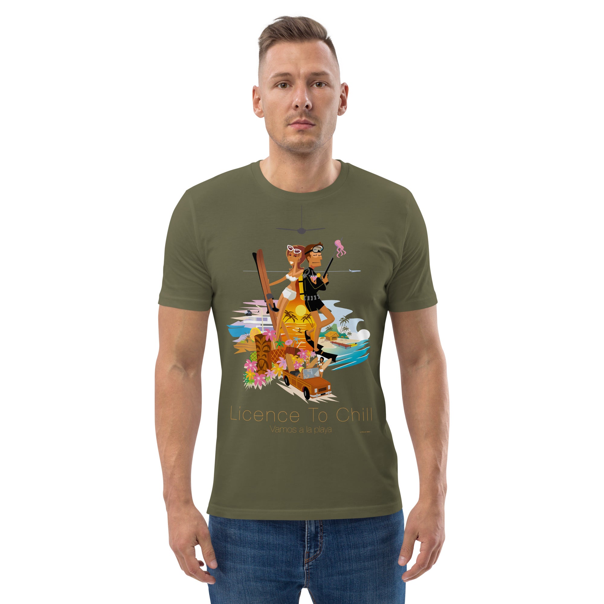 Unisex organic cotton t-shirt License To Chill Vamos a la Playa on dark colors