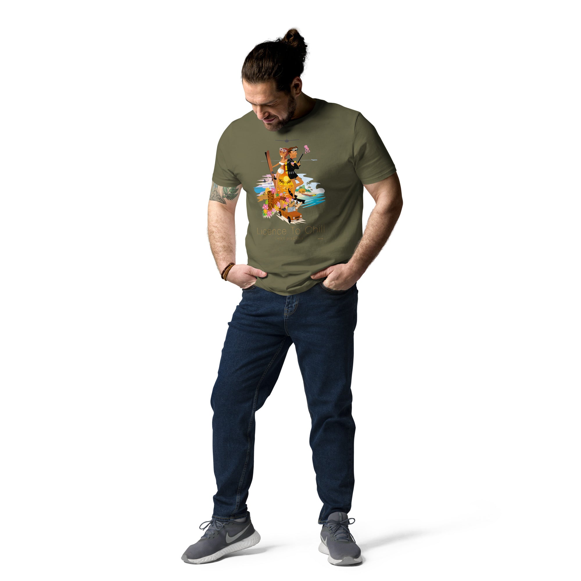 Unisex organic cotton t-shirt License To Chill Vamos a la Playa on dark colors