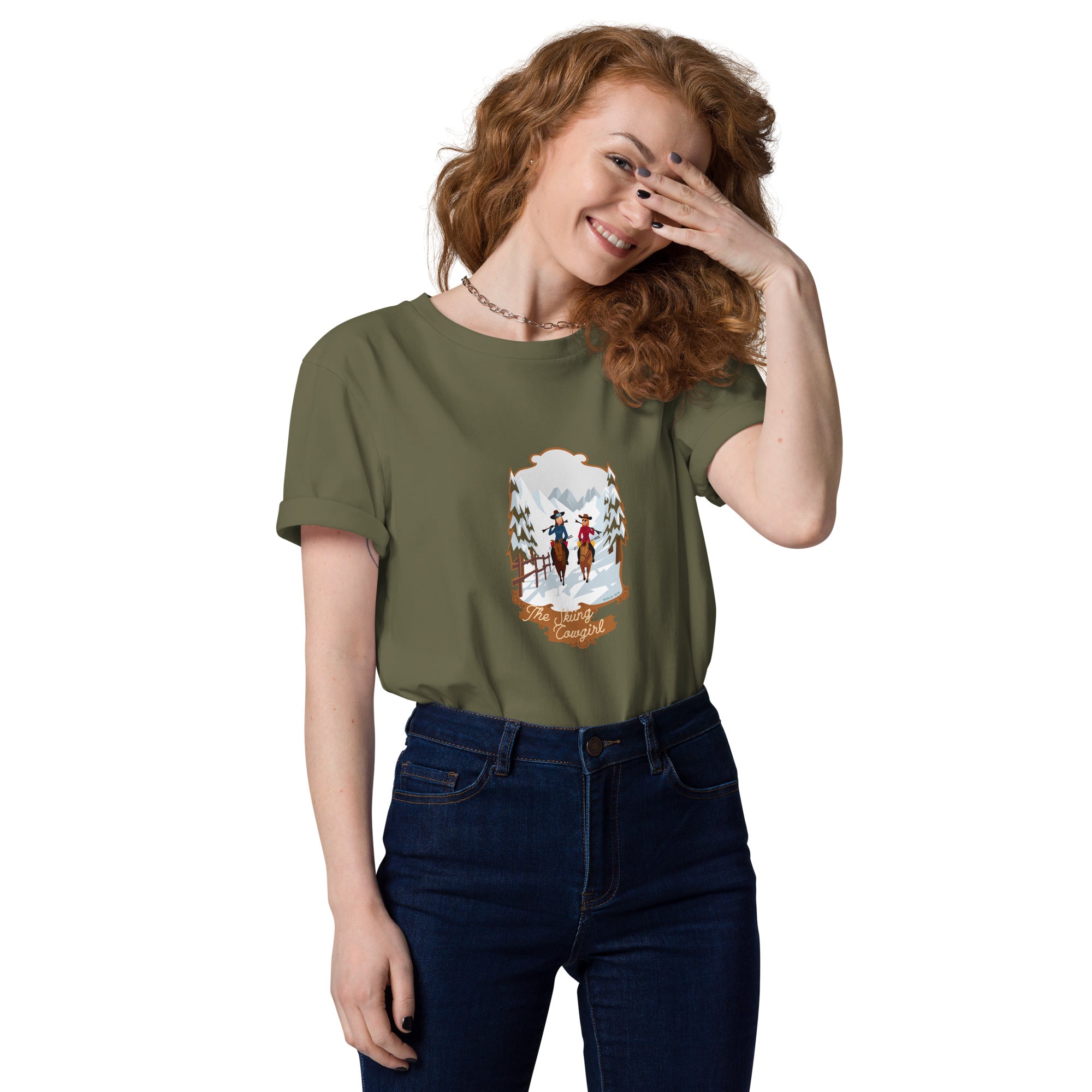 T-shirt unisexe en coton biologique The Skiing Cowgirl sur couleurs foncées