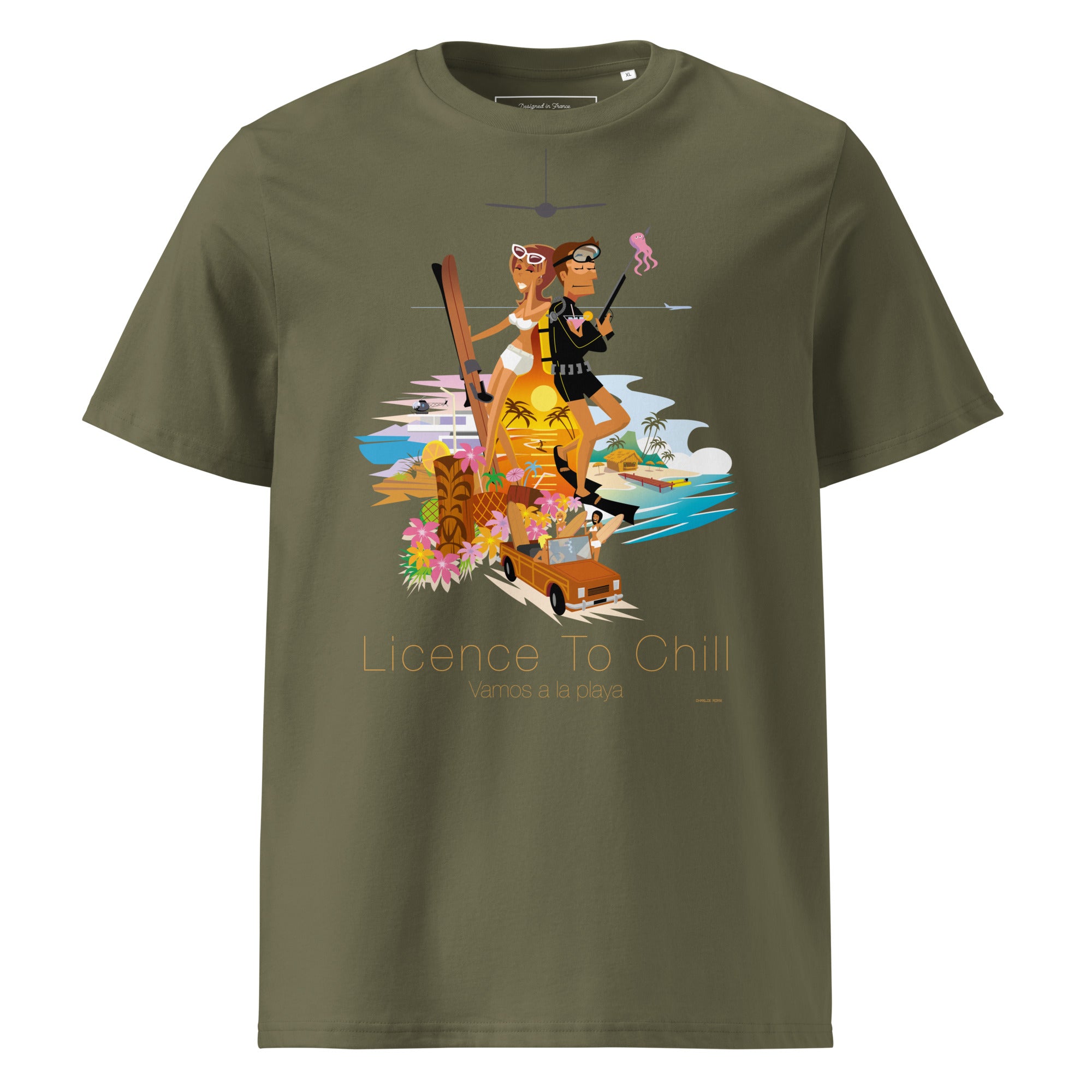Unisex organic cotton t-shirt License To Chill Vamos a la Playa on dark colors