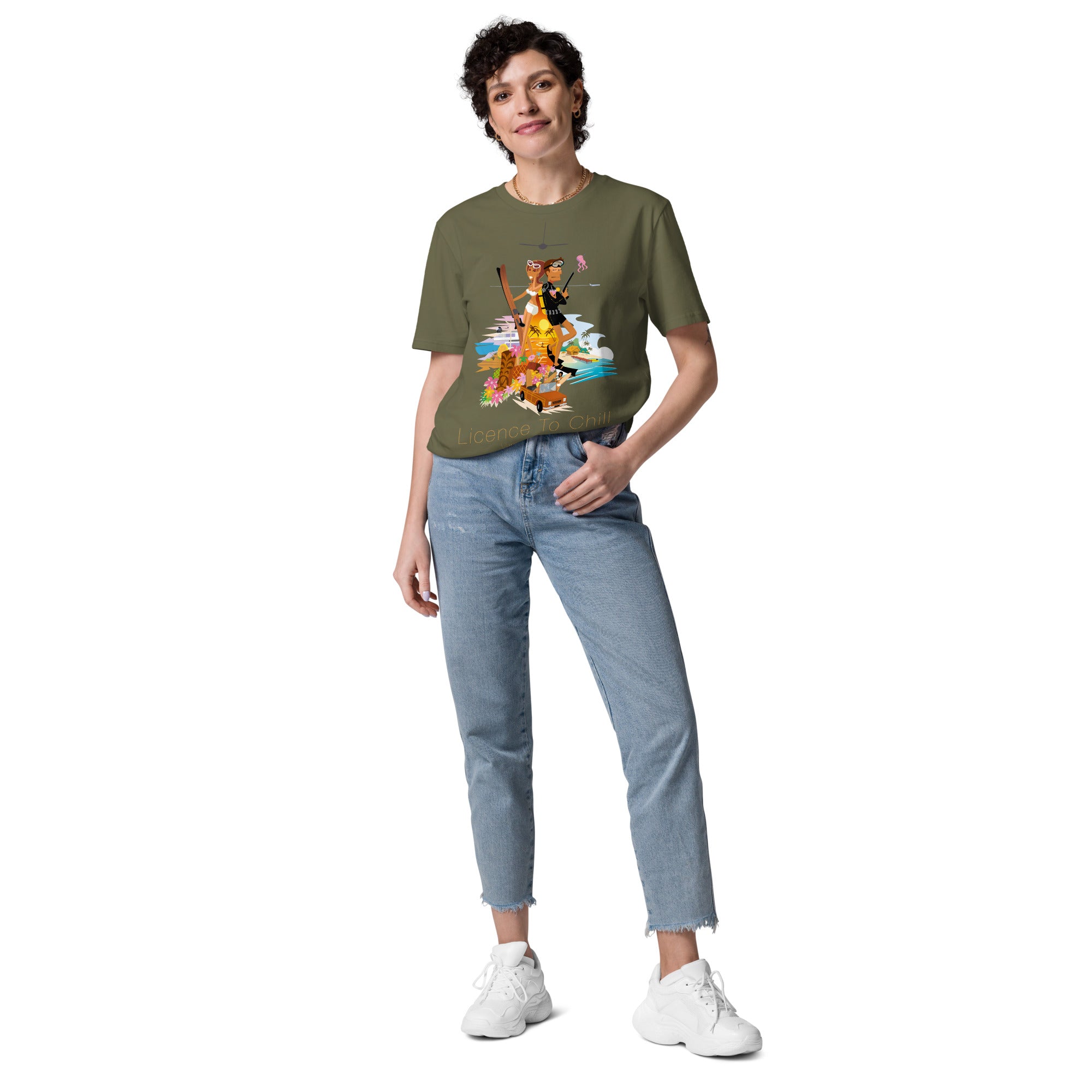 Unisex organic cotton t-shirt License To Chill Vamos a la Playa on dark colors