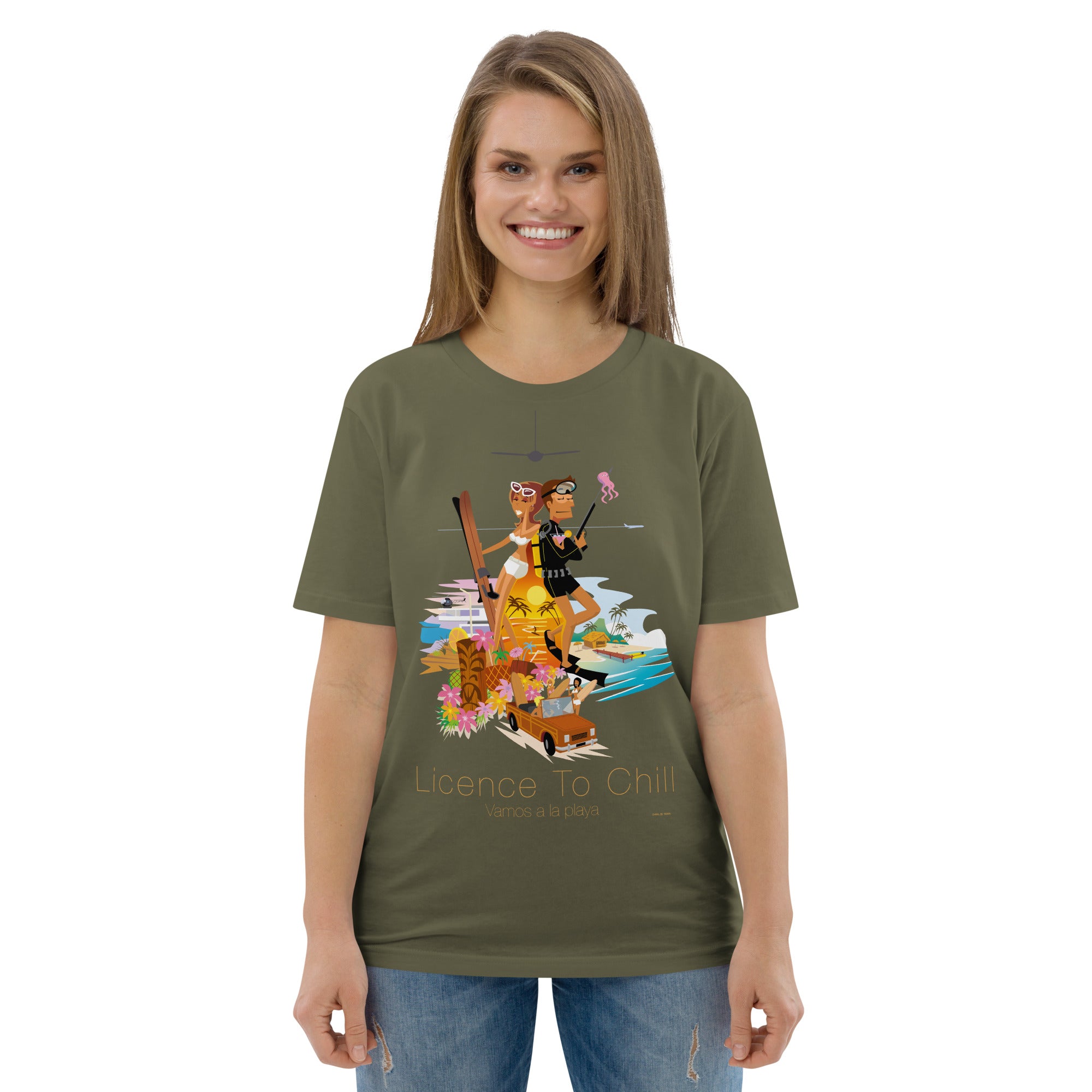 Unisex organic cotton t-shirt License To Chill Vamos a la Playa on dark colors
