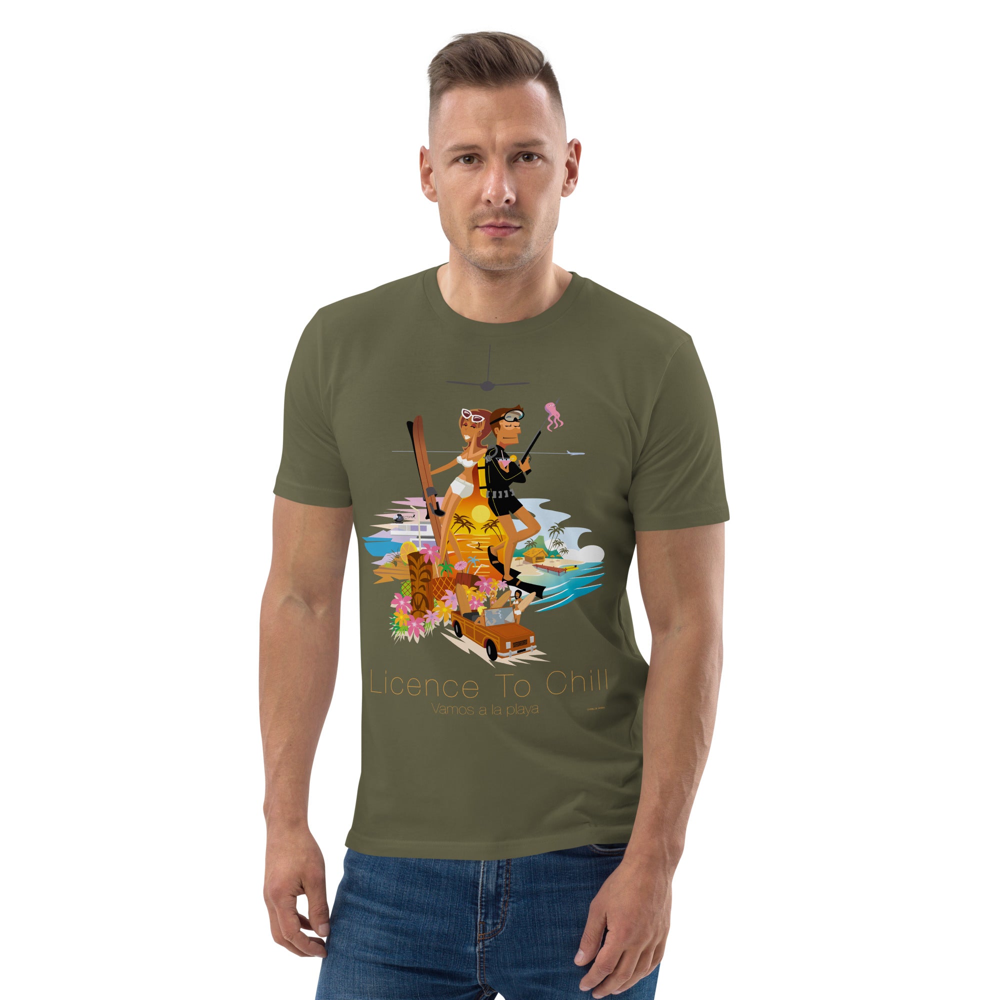 Unisex organic cotton t-shirt License To Chill Vamos a la Playa on dark colors